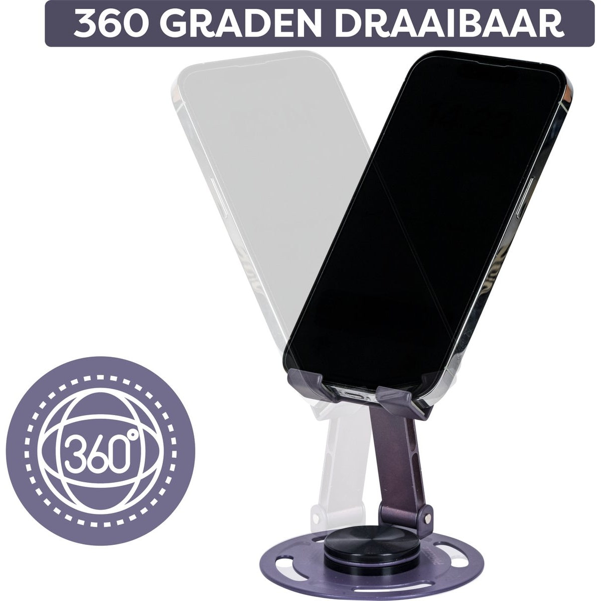 Een telefoon op een standaard met een 360 graden rotatie logo. De standaard is paars, en de telefoon zwart.