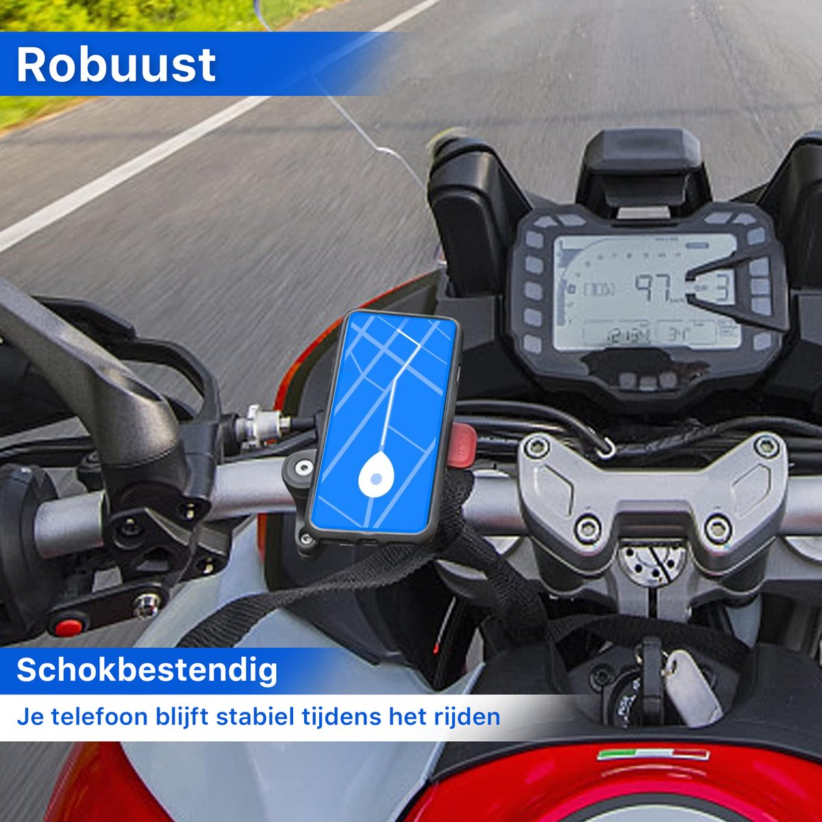 Motorstuur met telefoon die een navigatie-app toont. Het dashboard toont de snelheid. De tekst zegt 'Robuust' en 'Schokbestendig'.