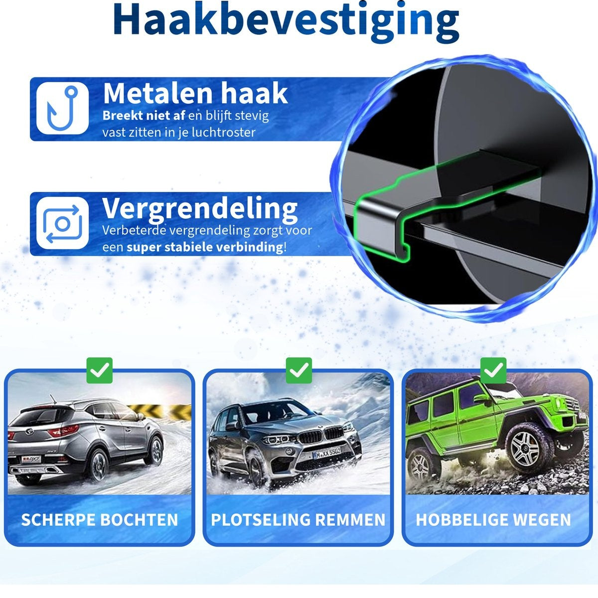 Image shows a hook, locking mechanism, and cars on roads. Texts describe hook features, and car driving conditions: sharp turns, braking, rough roads.
