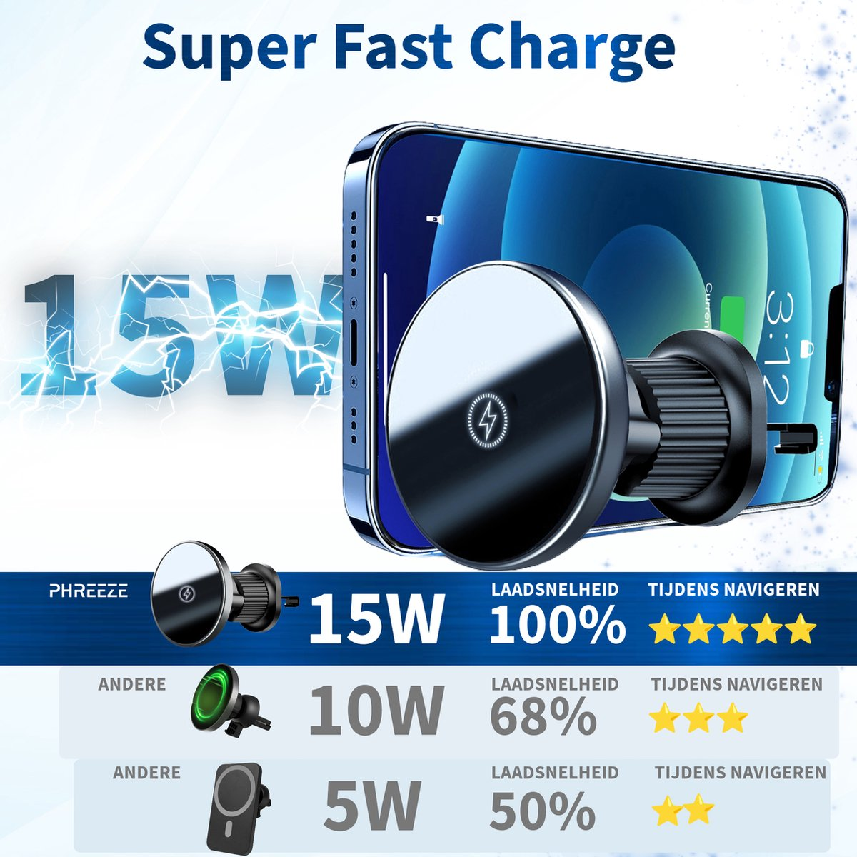 Image showing a phone charging wirelessly. It features a magnetic charger, indicating fast charging capabilities. The background is blue.