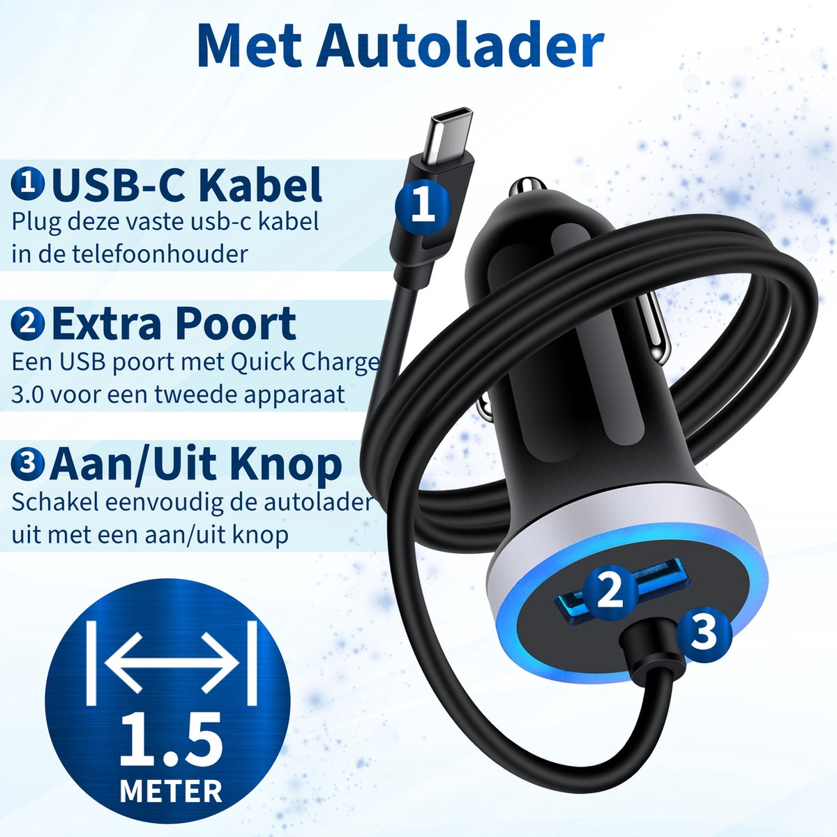 Car charger with USB-C cable, two ports, and on/off button. Features a 1.5-meter cable for charging devices in a car.