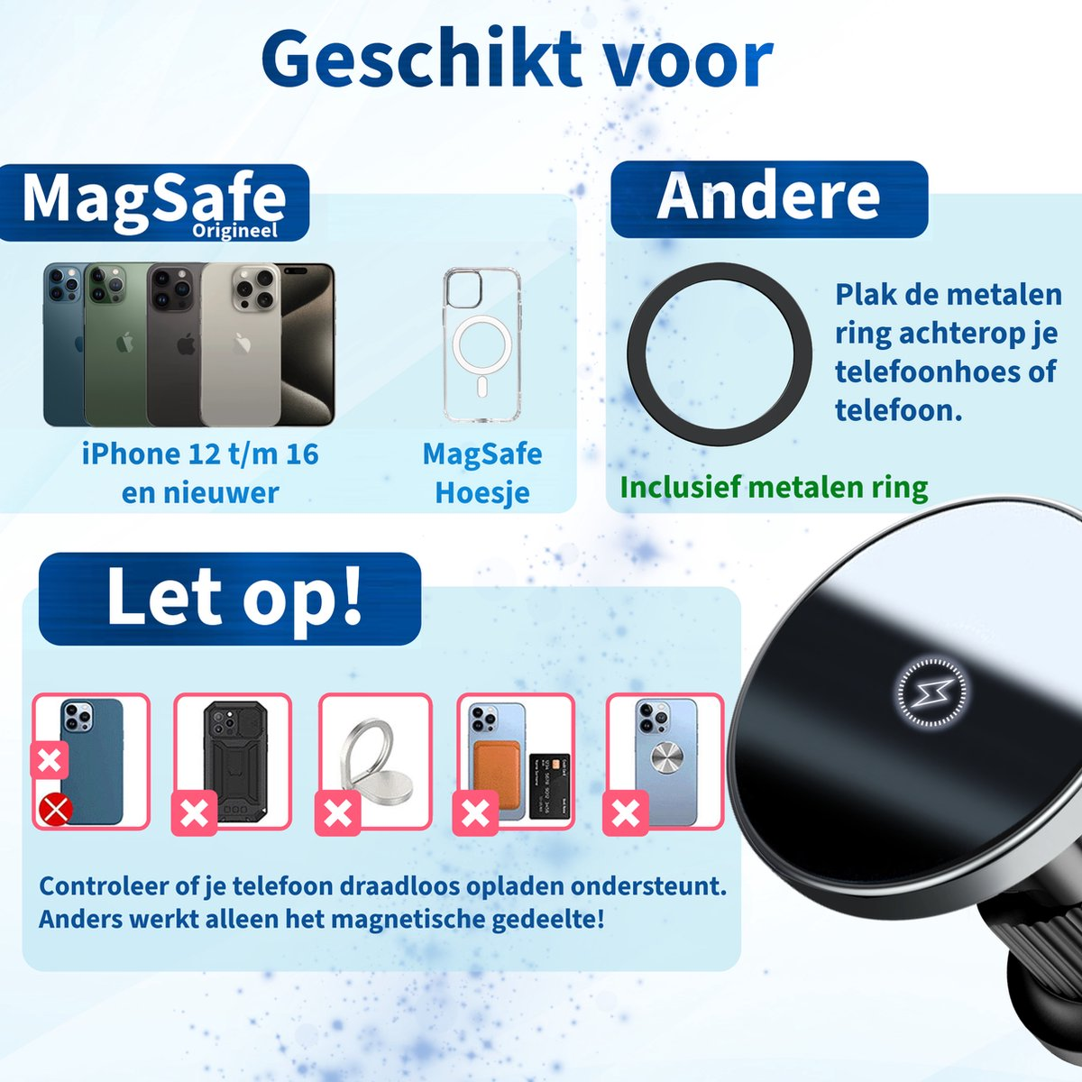 Image shows MagSafe accessories, phones, and warnings about compatibility. Includes text in Dutch about phone cases and wireless charging.