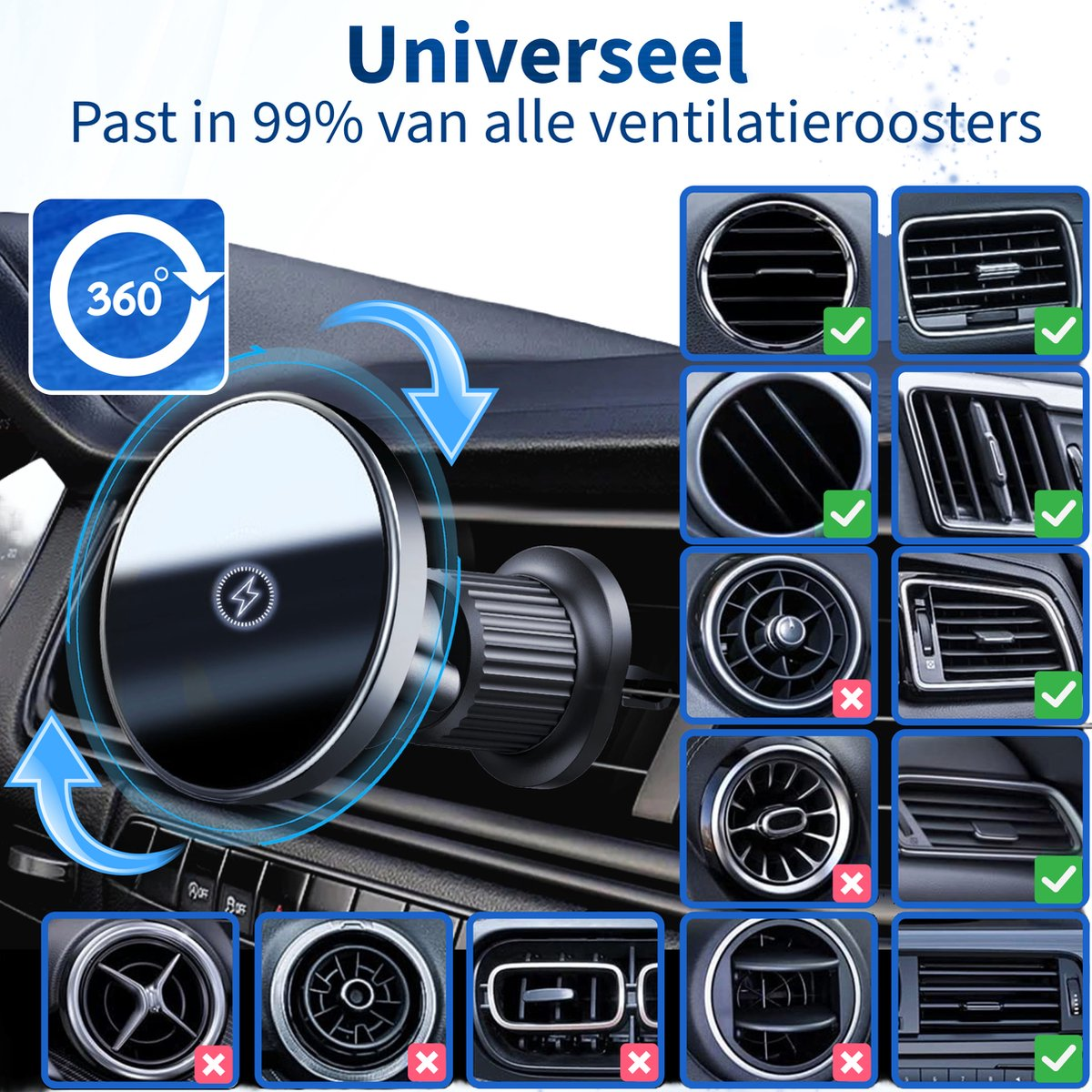 A car air vent mount with a 360-degree rotating phone holder. It is compatible with 99% of car ventilation systems, shown with various vent types.