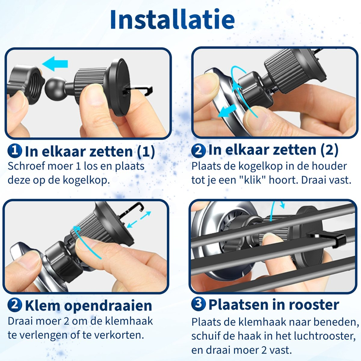 Instructions for assembling a car phone holder: attaching parts, inserting a ball head, tightening a clamp, and placing it in the air vent.