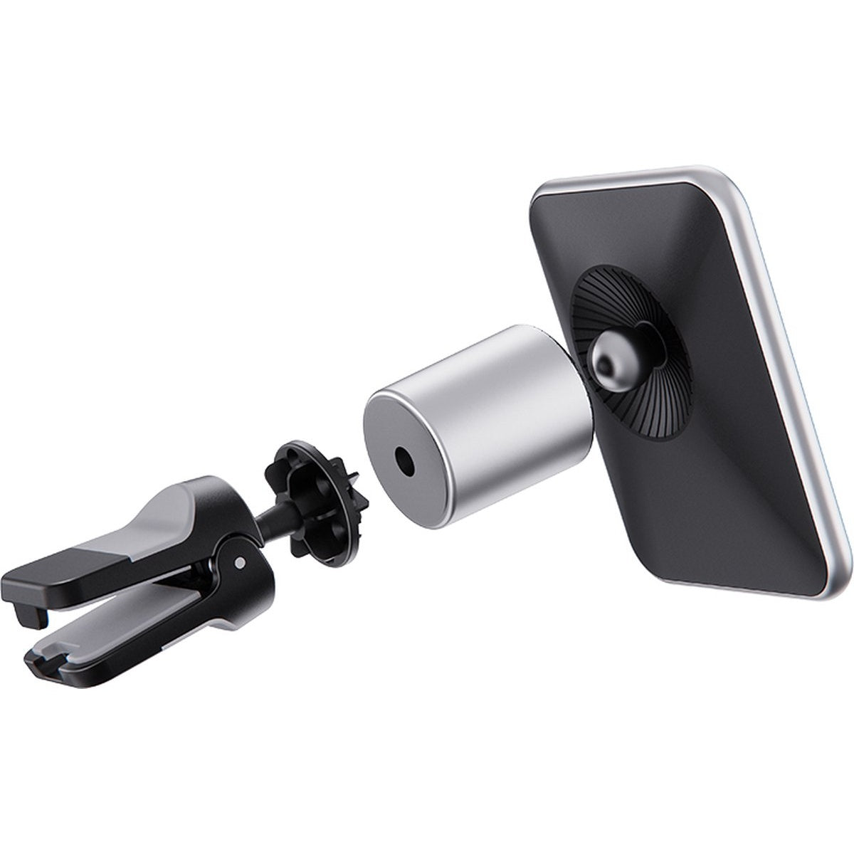 Een gedemonteerde autotelefoonhouder. Zwarte en grijze componenten zijn zichtbaar, waaronder een ventilatieclip, een magnetische houder en een telefoonhouder.