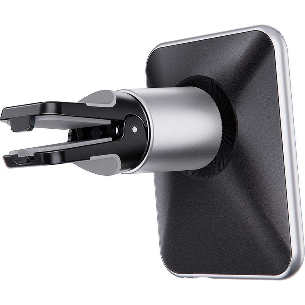 Een telefoonhouder voor in de auto. Het is zwart en zilver met een vierkante basis. De armen van de telefoonhouder zijn open. De achtergrond is wit.
