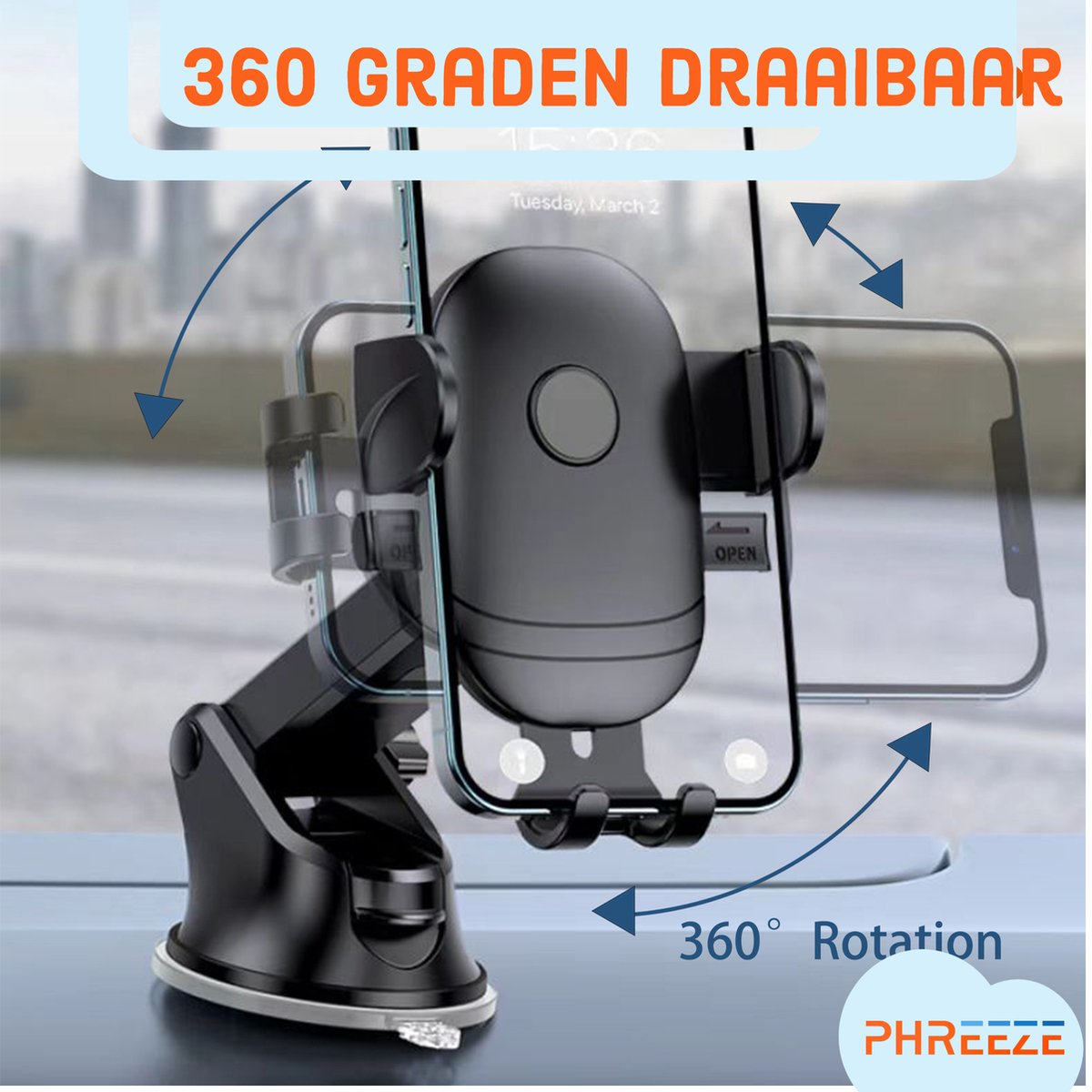 Een zwarte telefoonhouder voor in de auto met een telefoon. Het heeft een zuignap en draait 360 graden.
