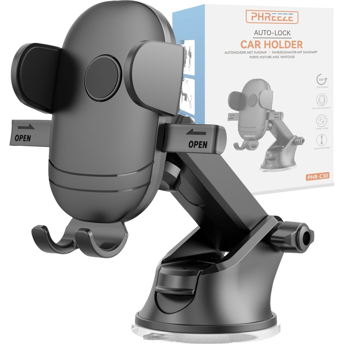 Een zwarte autotelefoonhouder met de merknaam 'PHREEZE' en een doos met productdetails.