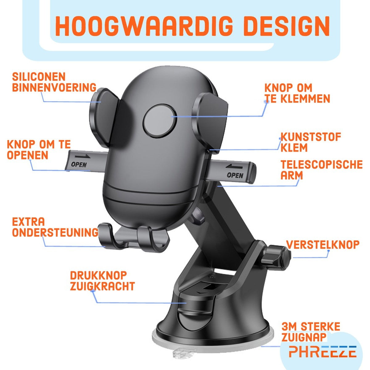 Een zwarte autotelefoonhouder met Nederlandse tekstlabels. Het heeft een zuignapbasis, verstelbare arm en telefoongrip.