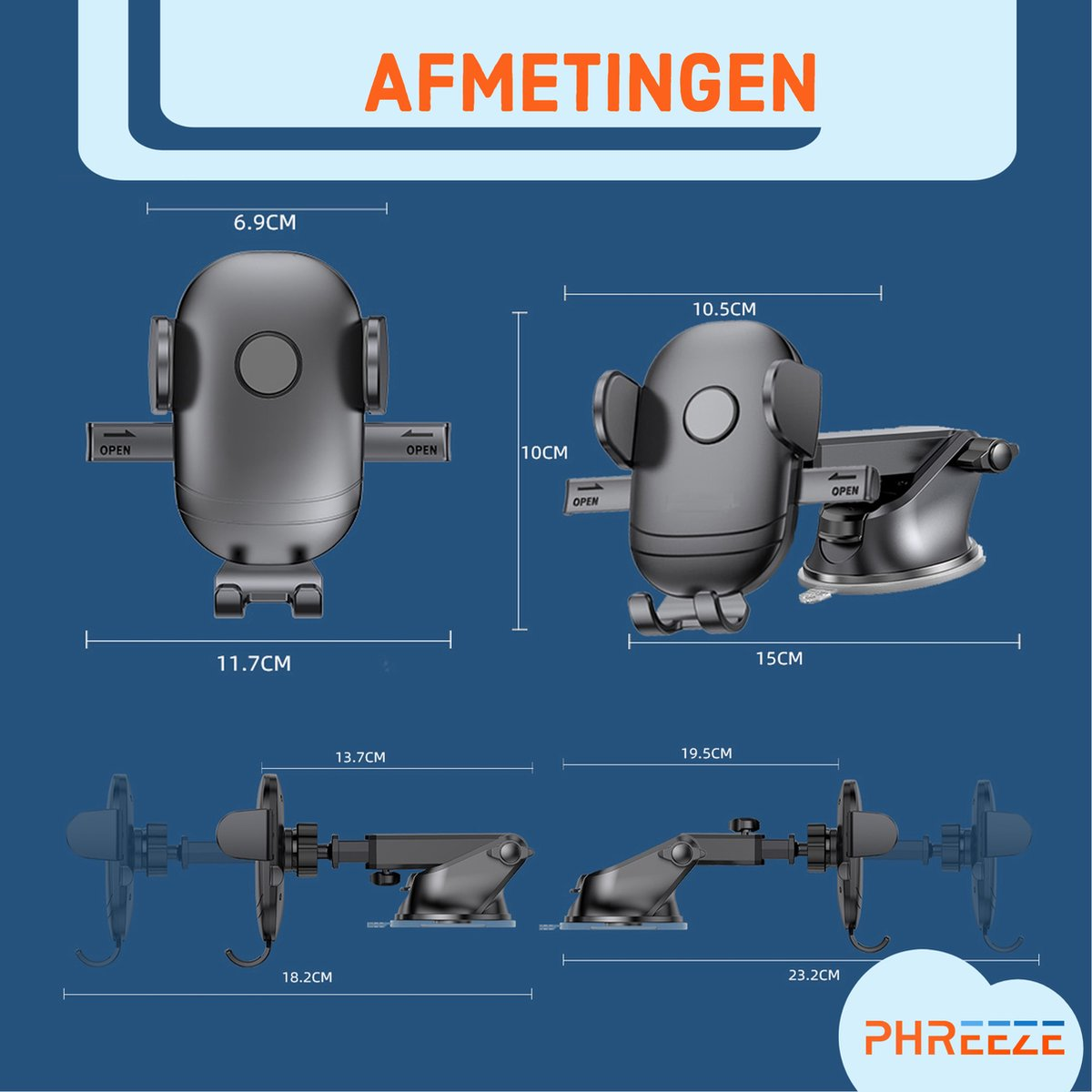 Afbeelding toont telefoonhouders voor auto's met afmetingen. De bovenste tekst luidt 'AFMETINGEN'. De houders zijn zwart. Er is een logo 'PHREEZE'.