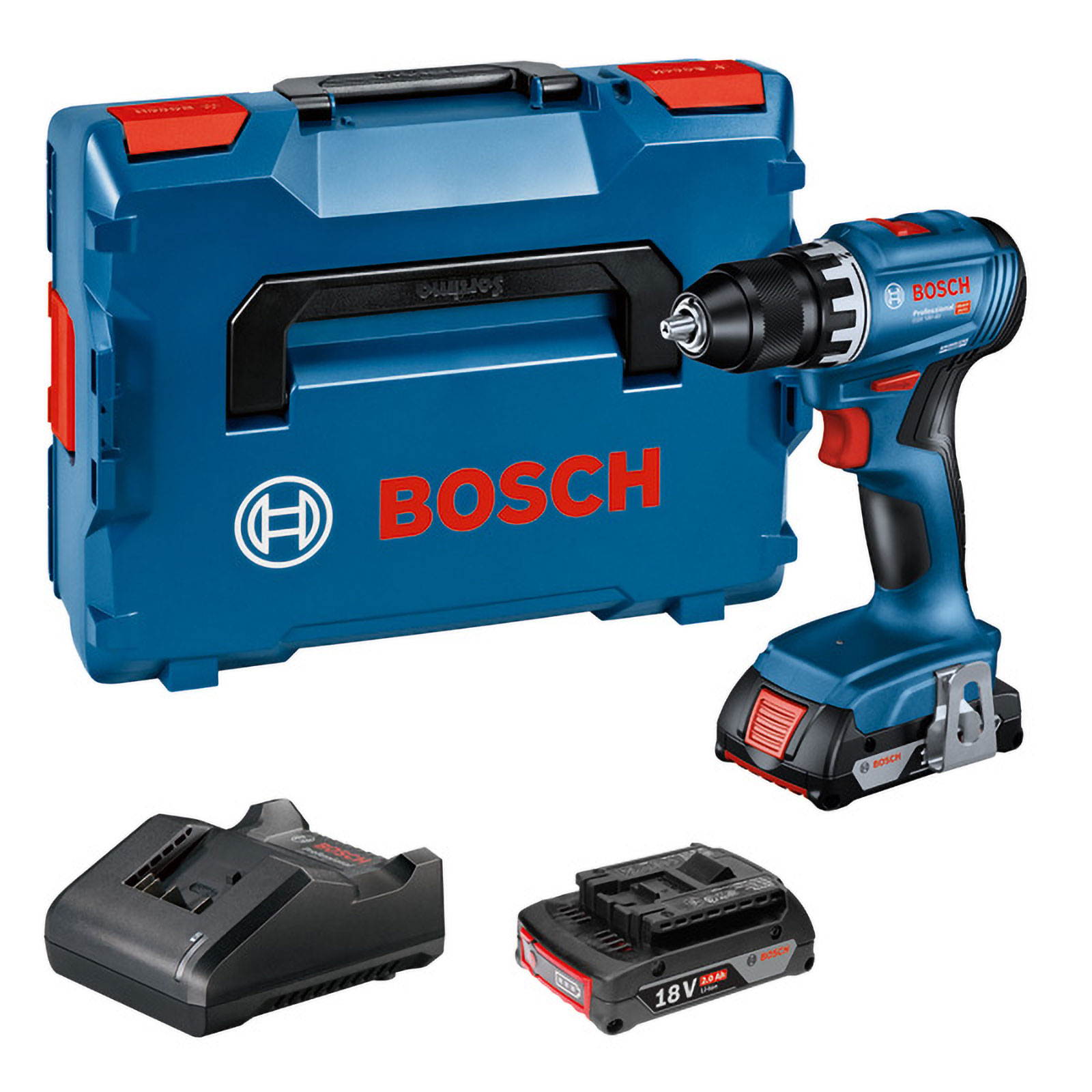 Eine blaue Bosch-Bohrmaschine, ein Koffer, ein Ladegerät und ein Akku sind abgebildet. Rote Akzente an der Bohrmaschine und am Koffer. Das Markenlogo ist sichtbar.