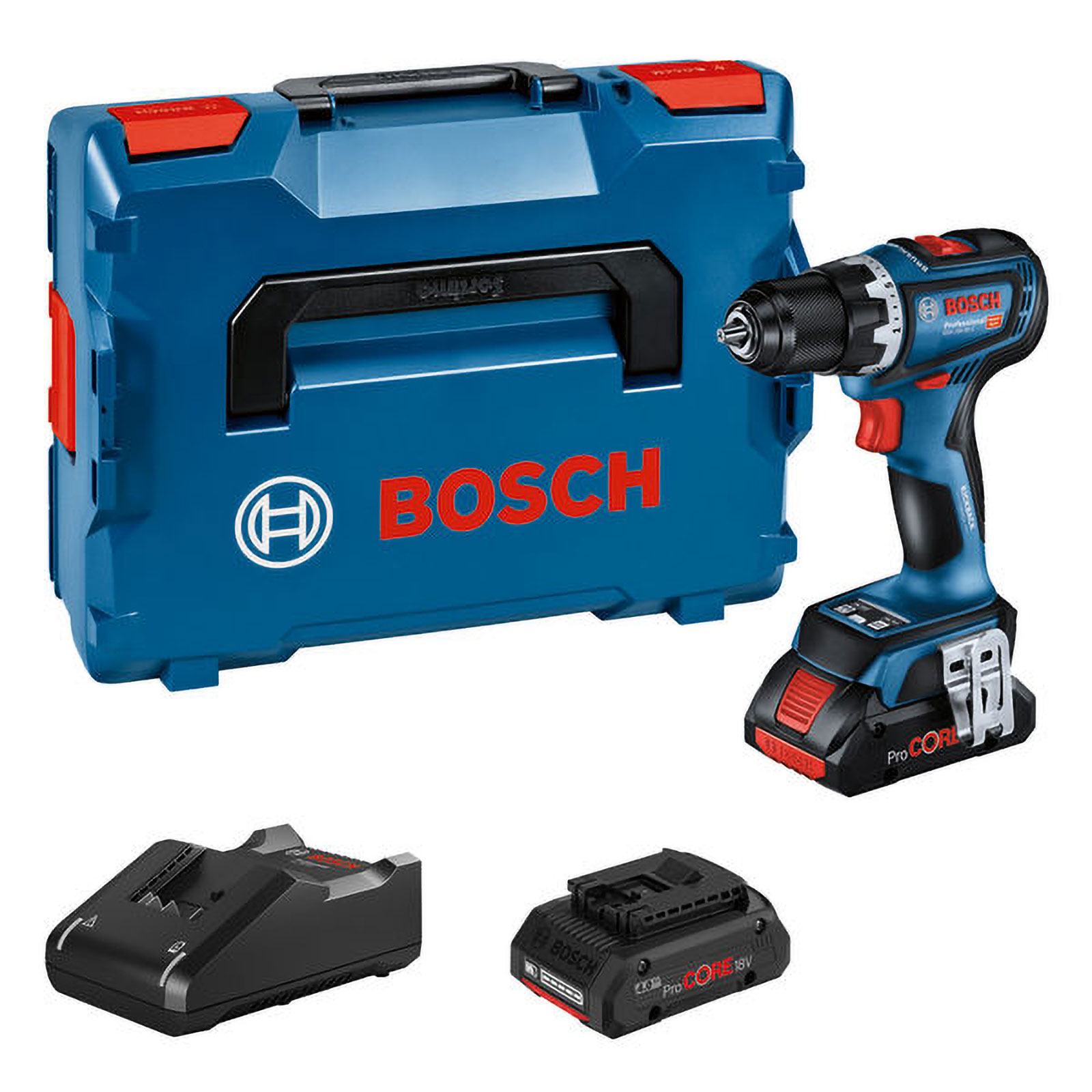 Un set di utensili Bosch blu include un trapano, una custodia, un caricabatterie e una batteria. Il trapano è blu e nero, con dettagli rossi.