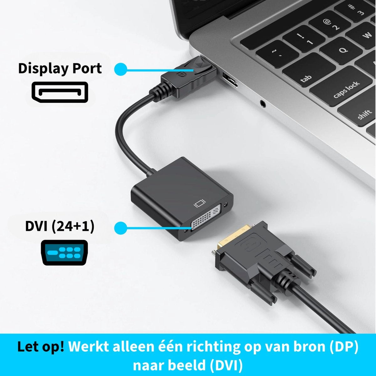A laptop connected to a black adapter via DisplayPort, with a DVI connector. Text indicates one-way functionality from DP to DVI.