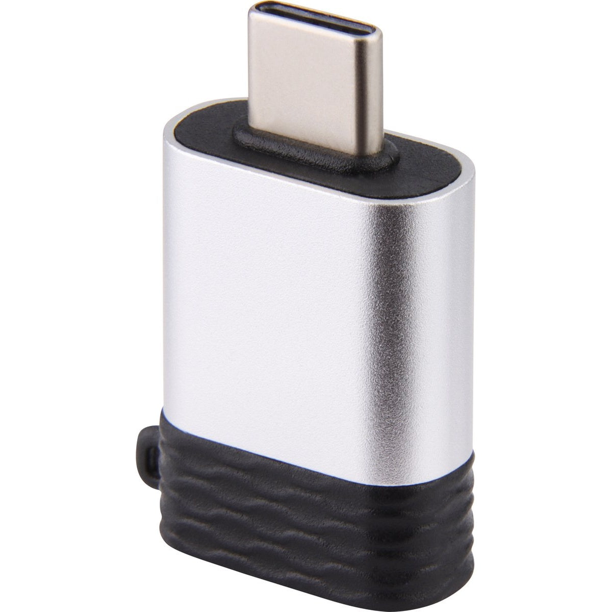 Een zilveren USB-C-adapter met een zwarte, getextureerde basis. De adapter staat rechtop, met de USB-C-connector bovenaan.