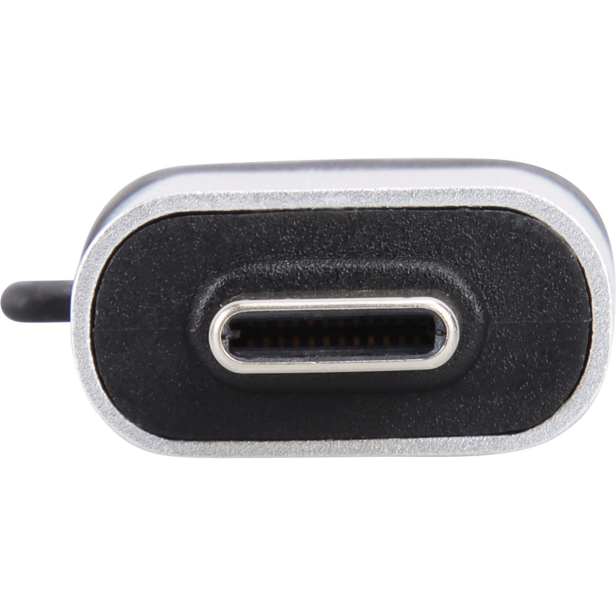 Een close-up van een USB-C-poort. Het heeft een zilveren frame, een zwart interieur en een kleine zwarte connector.