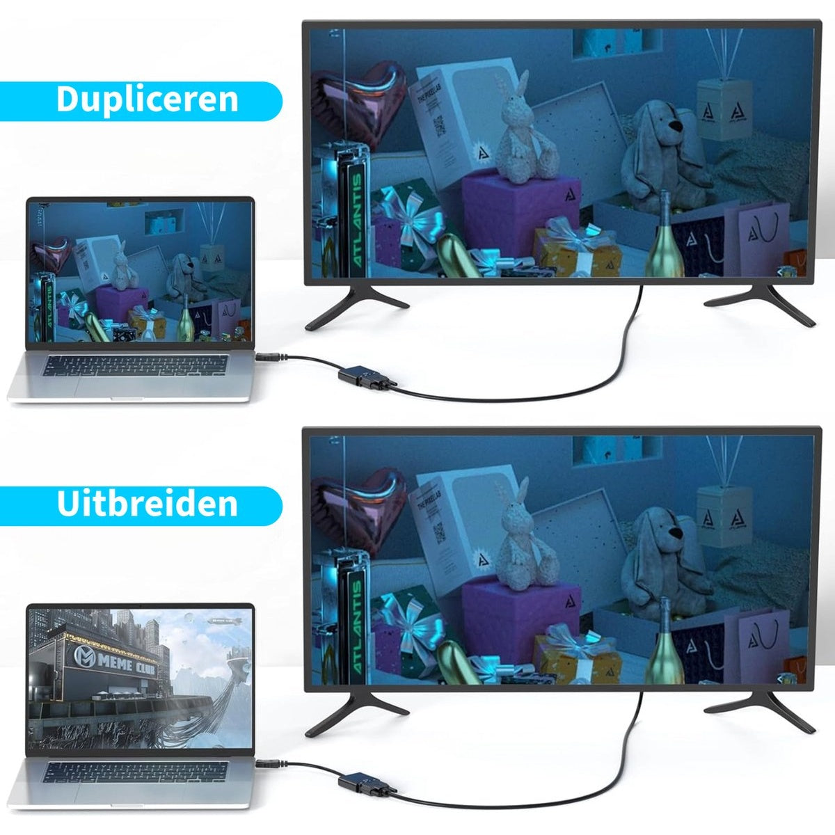 Two laptops connected to two TVs, each showing a different display. One shows duplicated content, the other extended content. Text labels.