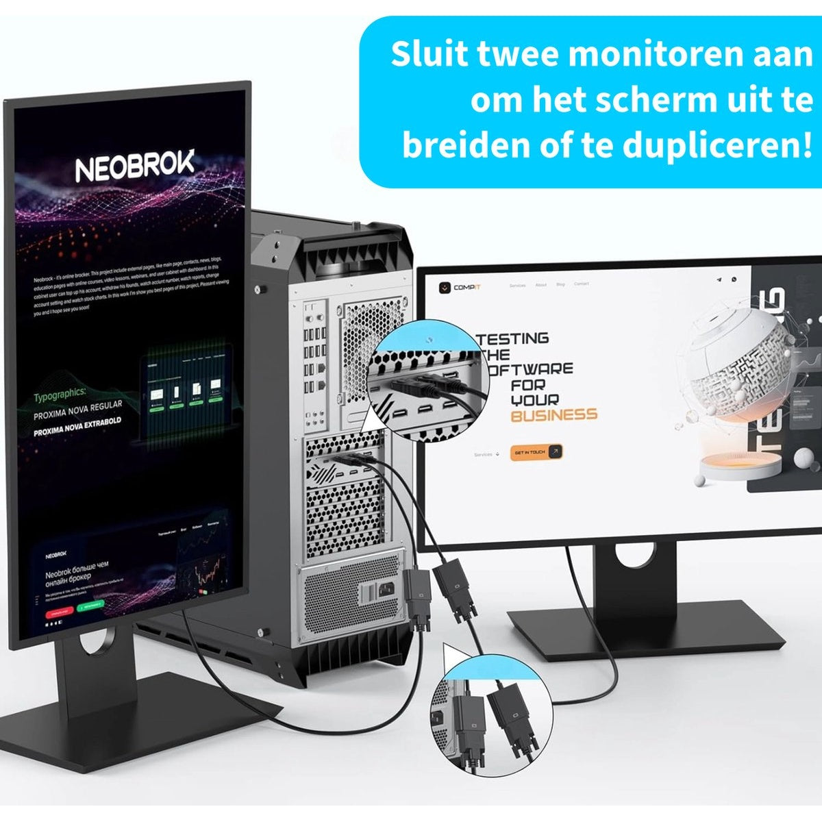 Two monitors connected to a computer tower. Text on screens, cables plugged in, and a blue text bubble at the top.