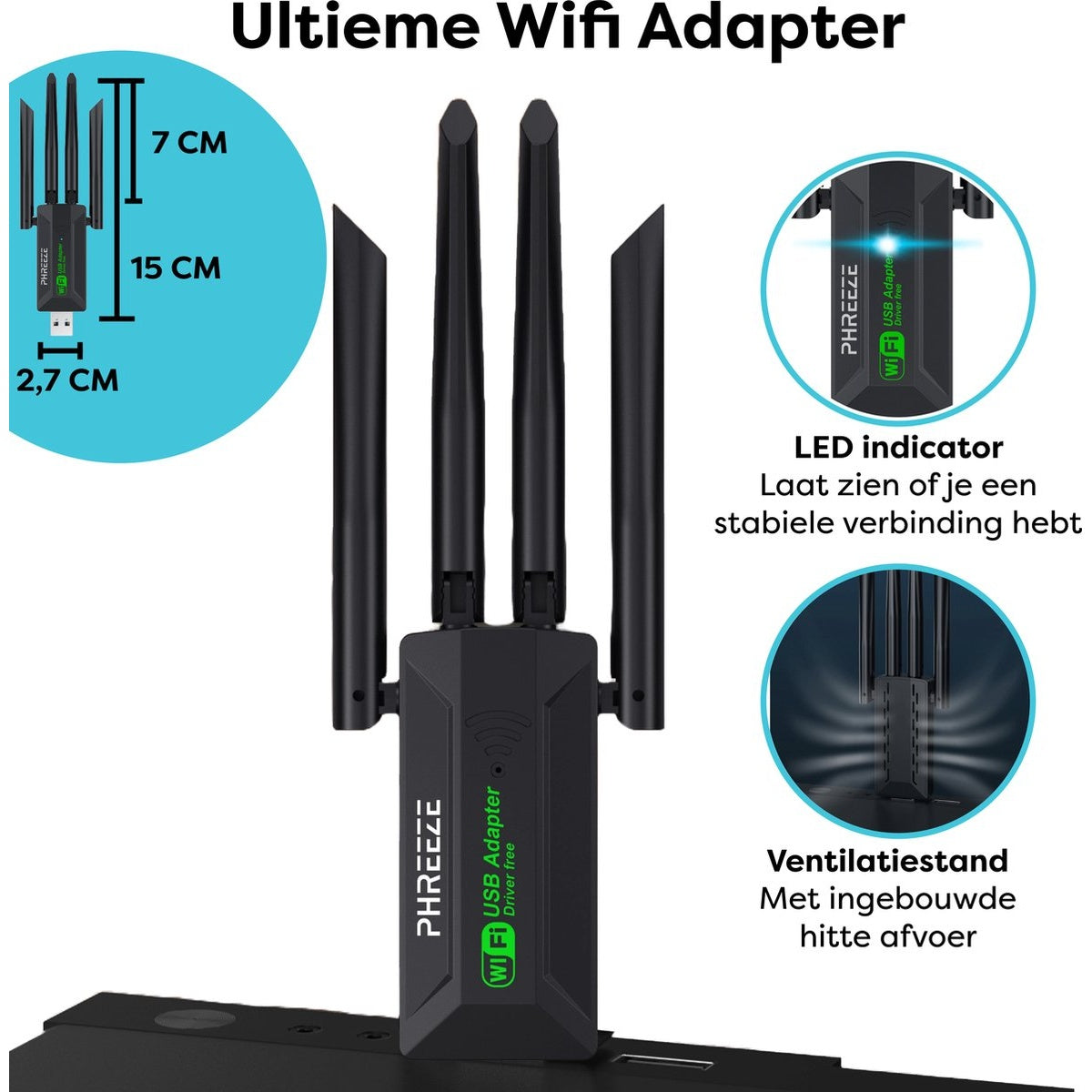 Een zwarte WiFi USB-adapter met drie antennes. Het heeft meetlabels en ondersteunende tekst in het Nederlands.