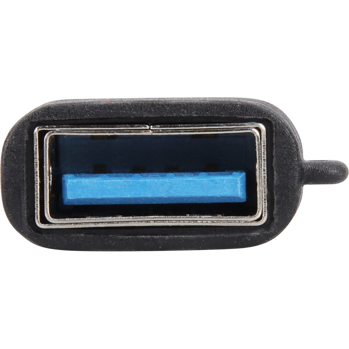 Close-up van een USB-connector. Het heeft een zwarte plastic behuizing, een blauwe binnenkant en een metalen frame. Een klein deel steekt uit.