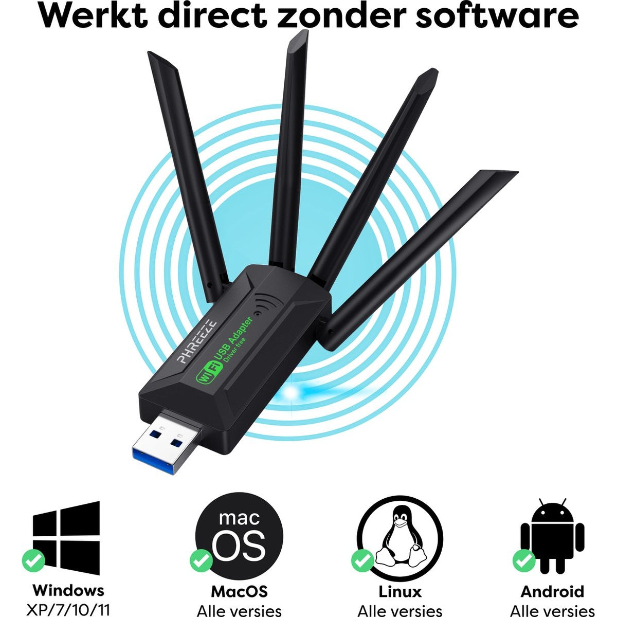 Een zwarte Wi-Fi USB-adapter met antennes, compatibel met Windows, MacOS, Linux en Android, wordt weergegeven op een witte achtergrond.