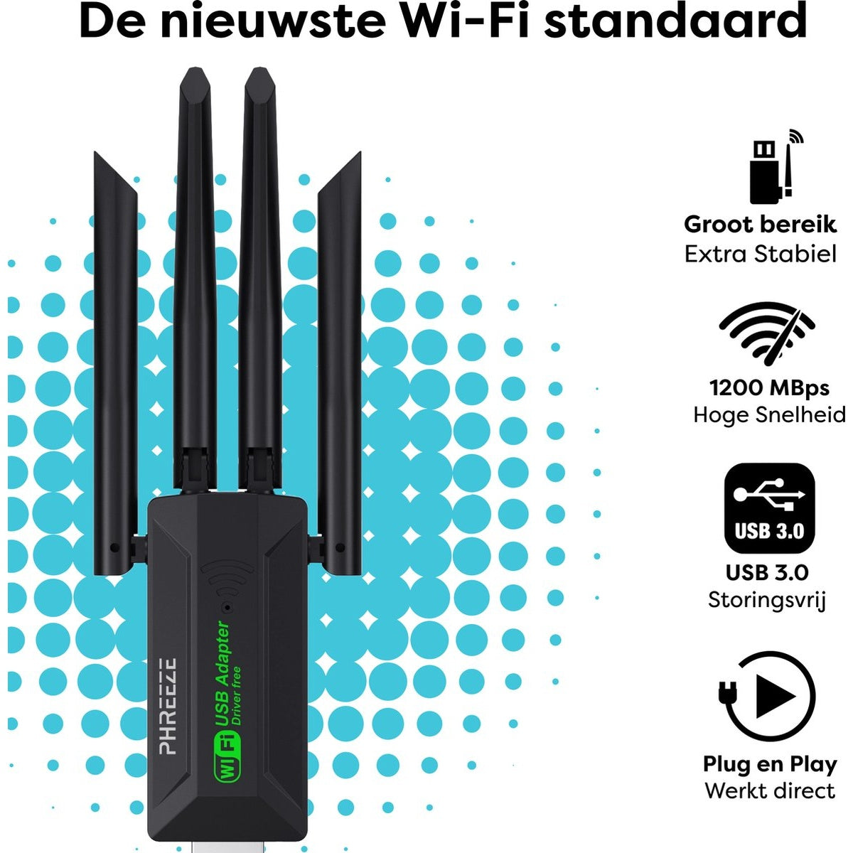 Een zwarte Wi-Fi-adapter met antennes. Tekst bevat 'Wi-Fi', 'USB 3.0' en '1200 Mbps'. Blauwe cirkel achtergrond.