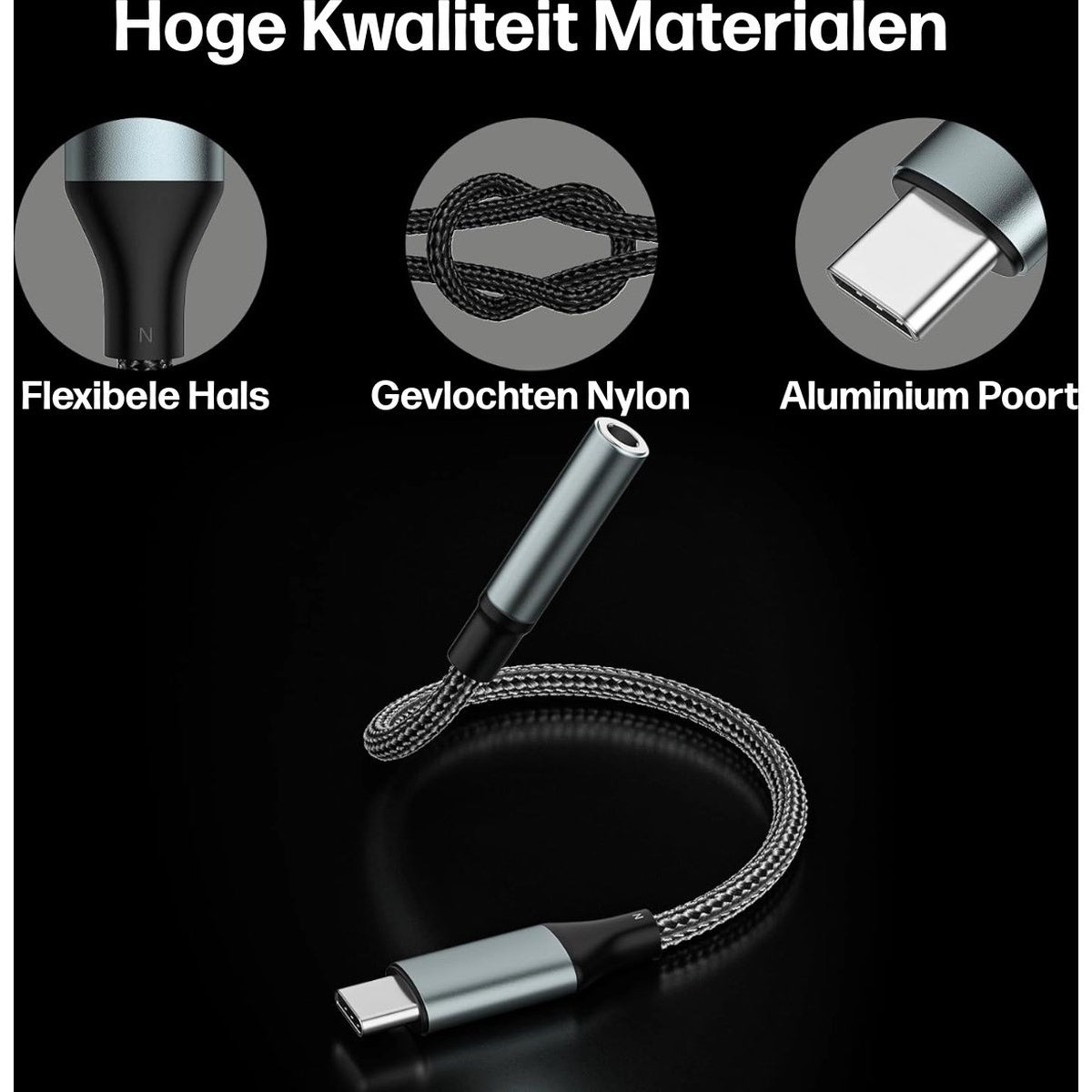 Afbeelding toont een USB-C-kabel met gevlochten nylon. Tekstlabels 'Flexibele nek', 'Gevlochten nylon' en 'Aluminium poort'.