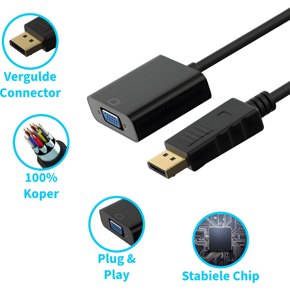 Black adapter cables with gold-colored connectors and blue VGA port. Text labels: 'Vergulde Connector,' '100% Koper,' 'Plug & Play,' 'Stabiele Chip'.