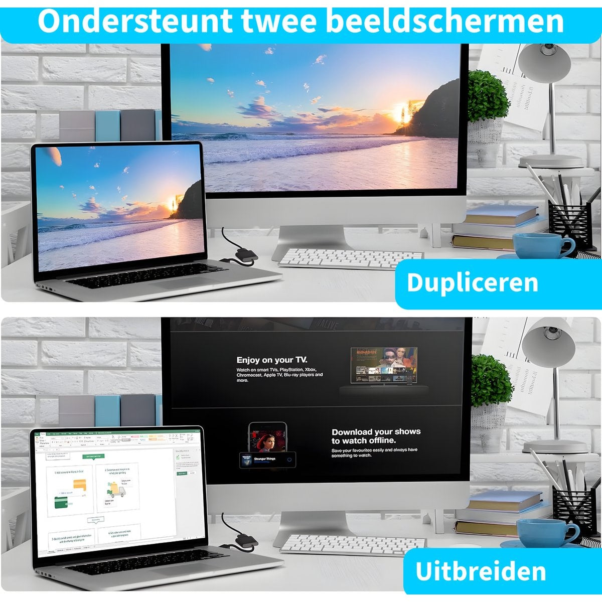 Two screens setup with a laptop and monitor, showing a beach scene and TV show interfaces.