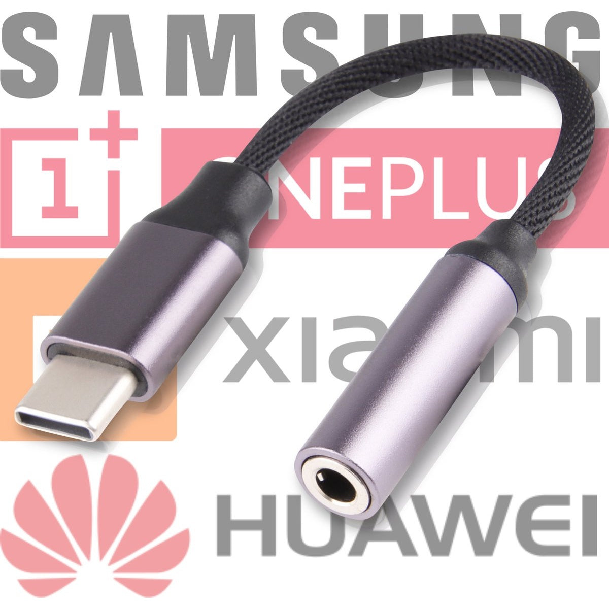 A USB-C to 3.5mm audio adapter. It is silver and black, with Samsung, OnePlus, Xiaomi, and Huawei logos in the background.