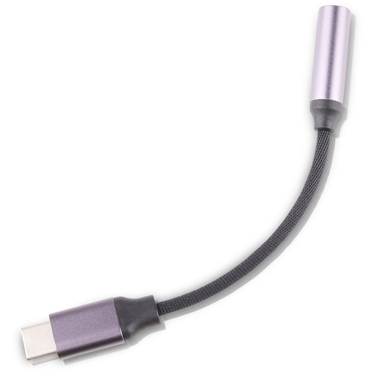 A USB-C to audio jack adapter. It has a purple USB-C connector, a black braided cable, and a silver audio jack.