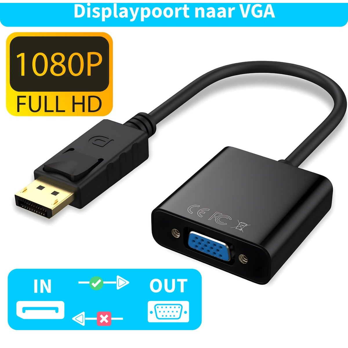 A black DisplayPort to VGA adapter. Includes a DisplayPort connector and a VGA connector. Text: 1080P FULL HD.
