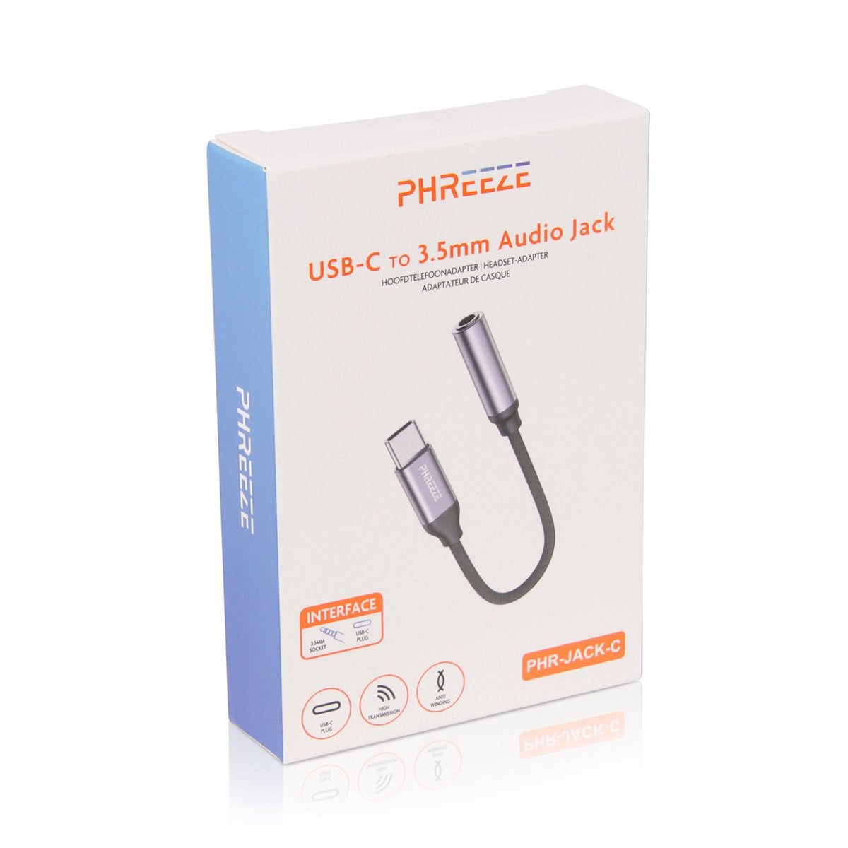 A white box with a blue side displays a USB-C to 3.5mm audio jack. The brand name is PHREEZE. The box is on a white surface.