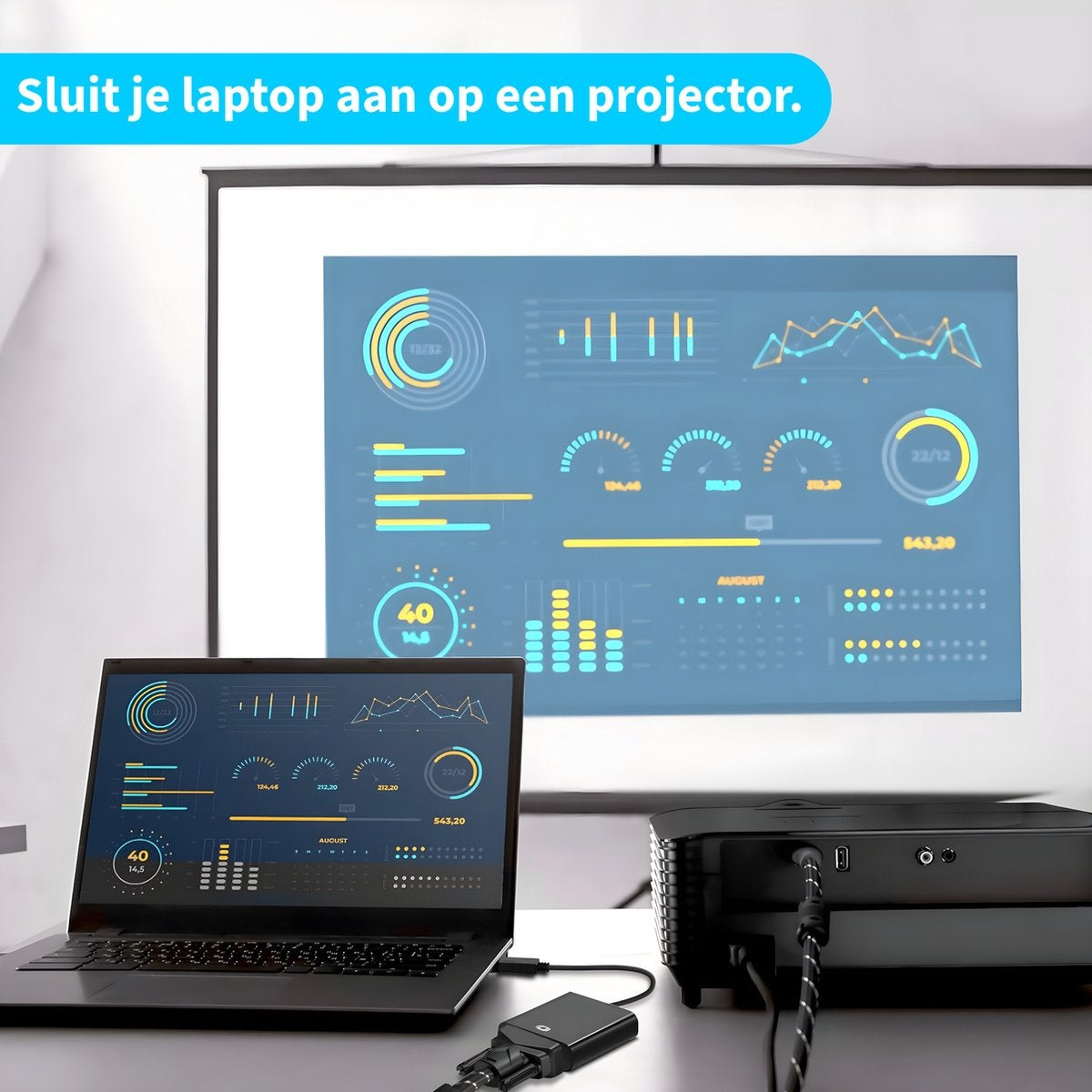 A laptop connected to a projector displays data. The projector is black, and the screen shows charts. The text above says, 'Connect your laptop.'