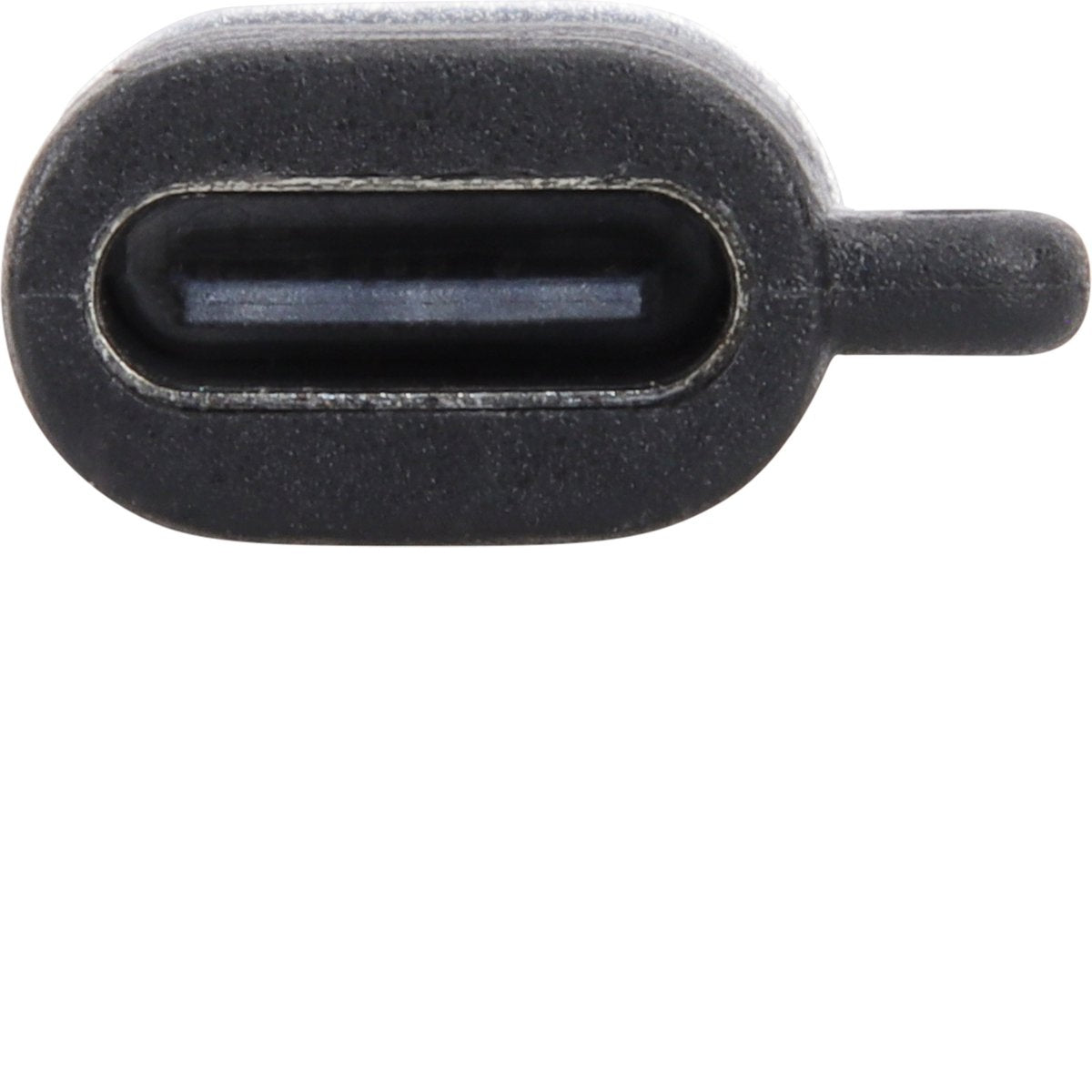 Close-up van een zwarte USB-C-connector. De connector heeft een ovale vorm met een rechthoekige opening en een kleine verlenging.