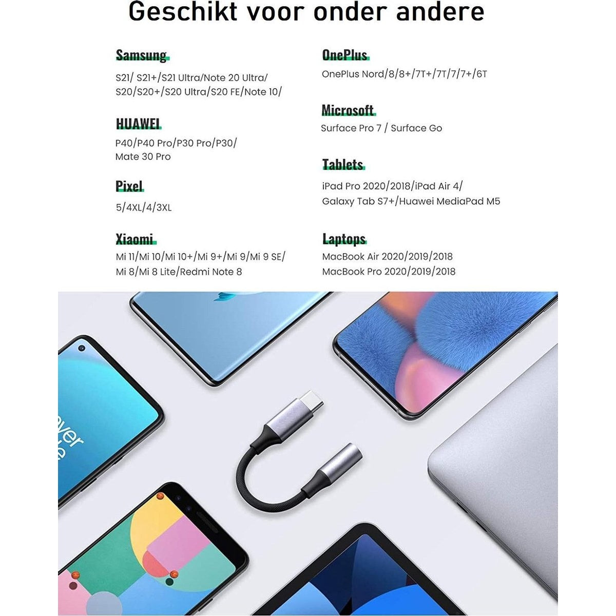 Afbeelding toont telefoons en laptops met een kabel. Tekst vermeldt compatibele apparaten van Samsung, OnePlus, Huawei, Microsoft, enz.