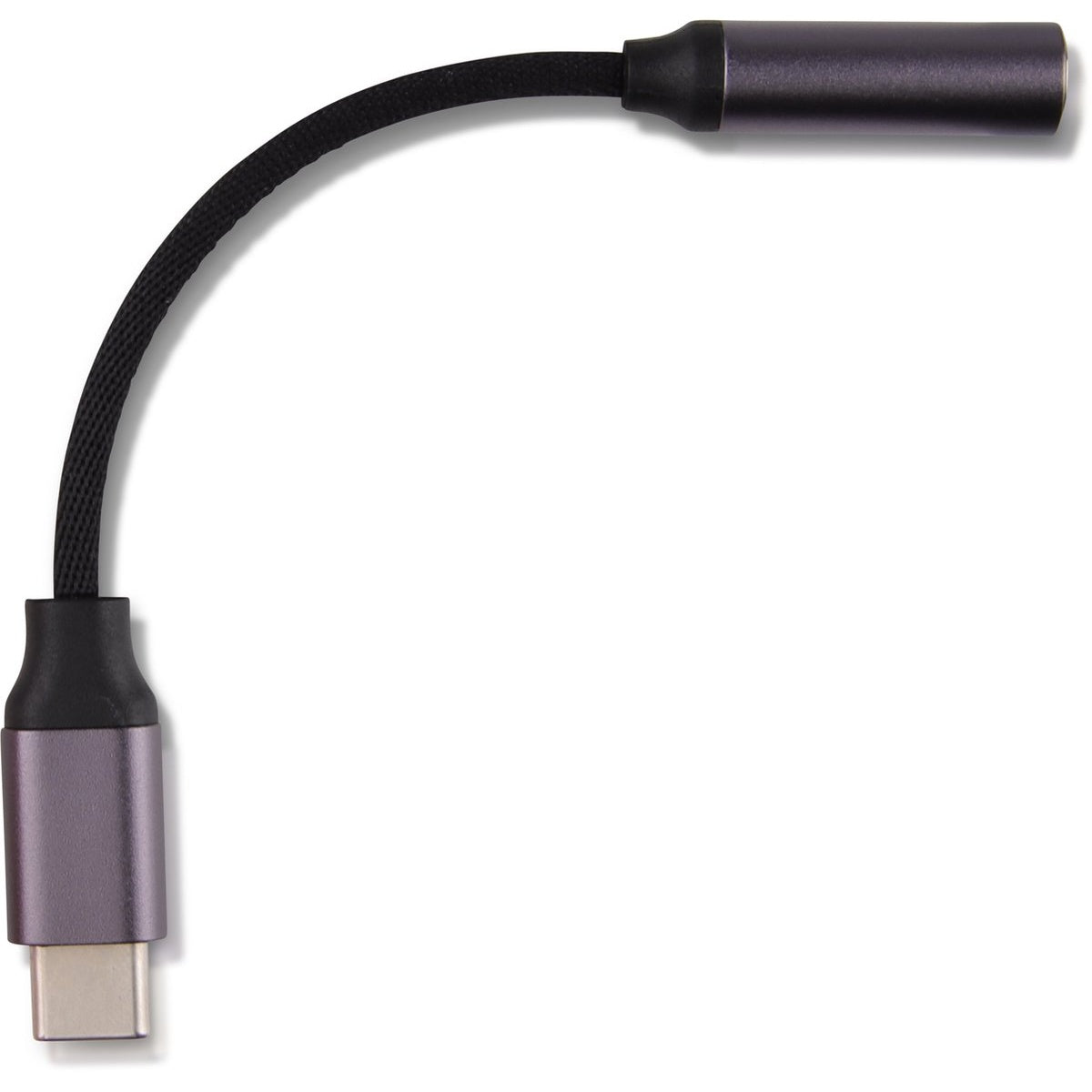 A USB-C to 3.5mm audio adapter. The adapter is dark gray with a black braided cable. The background is white.