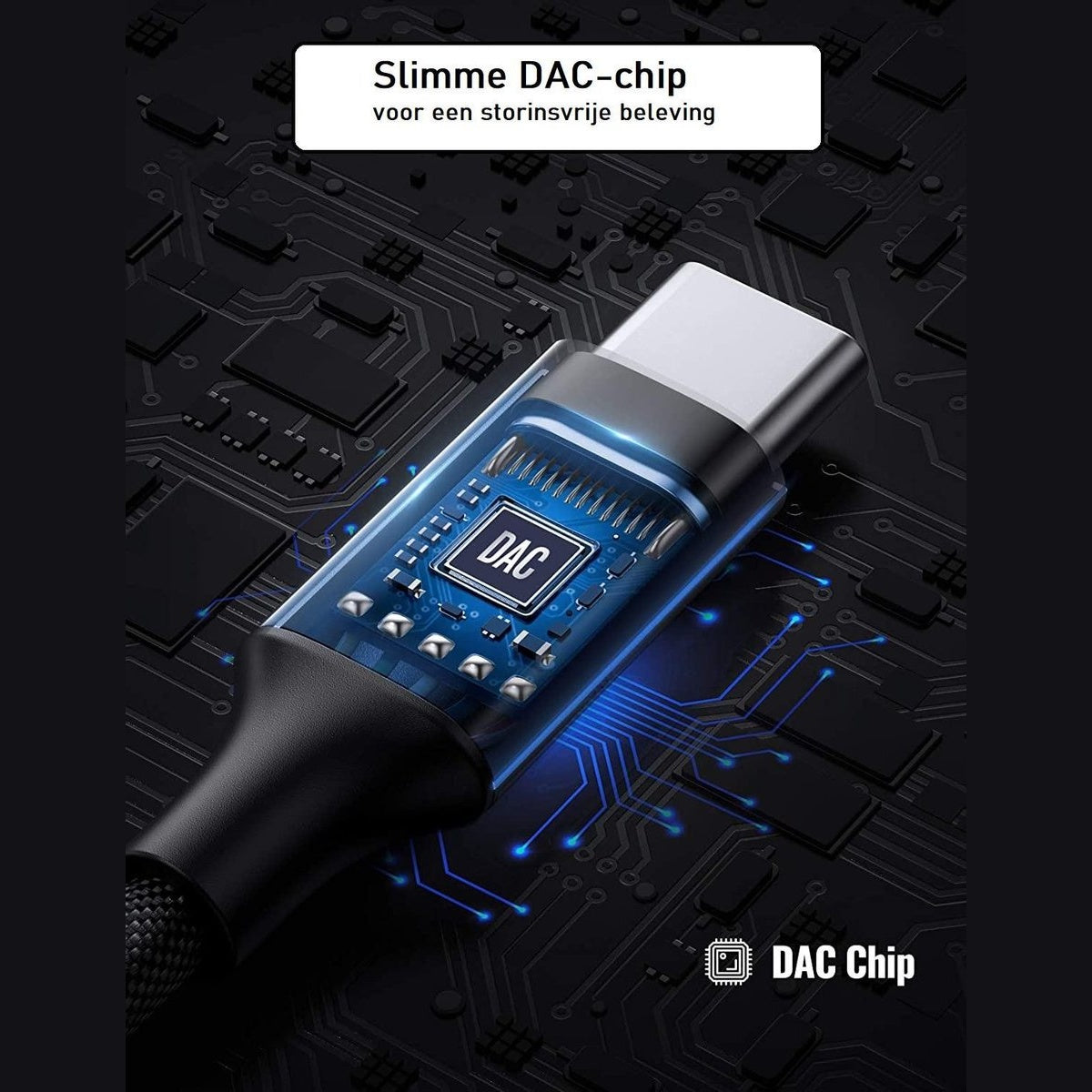 Een USB-C-kabel met een transparante behuizing met een DAC-chip. Het staat op een zwarte printplaat achtergrond.