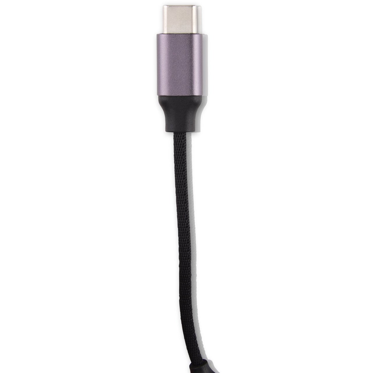 A USB-C charging cable. The connector is silver and purple, connected to a black braided cable against a white background.