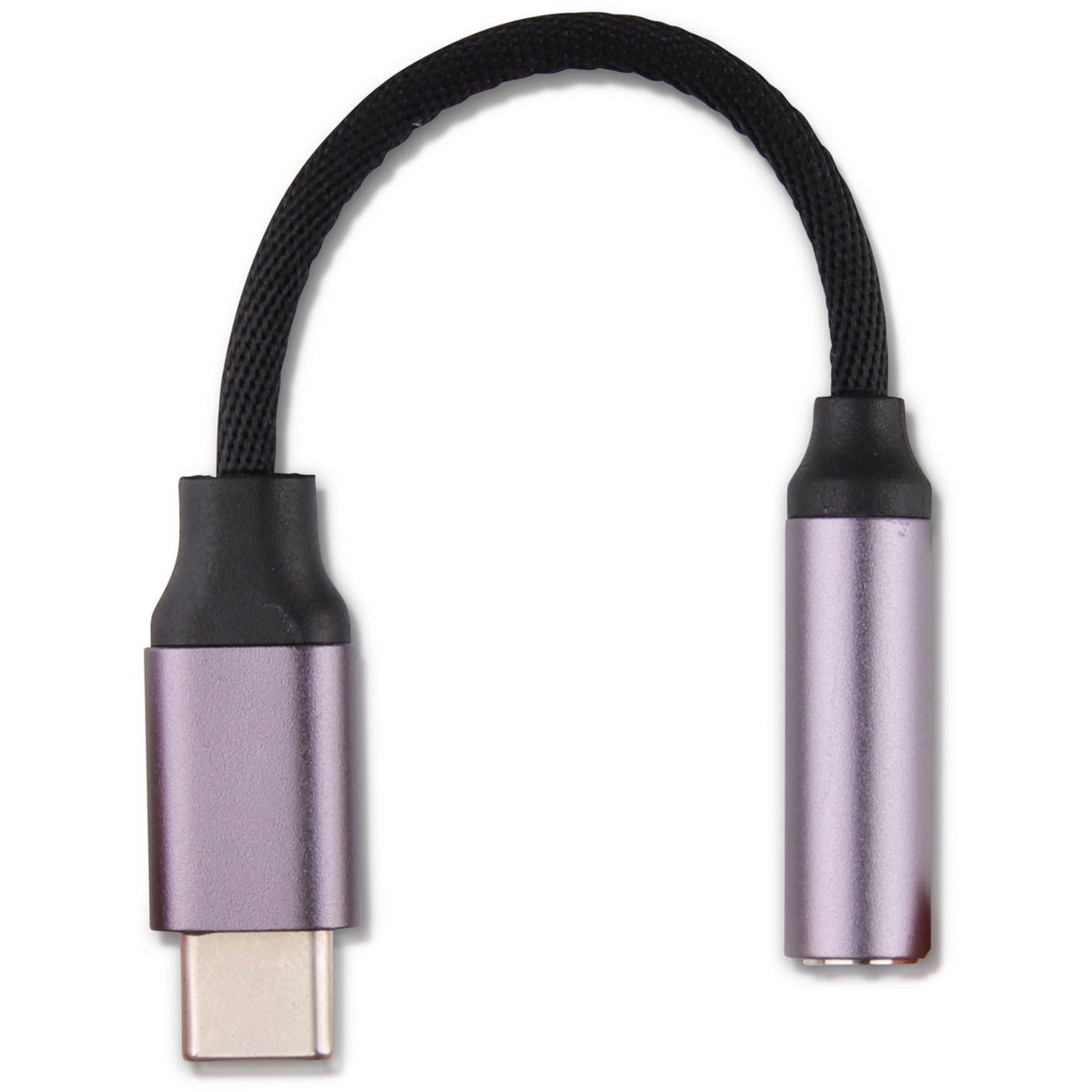 A purple USB-C to 3.5mm audio adapter cable. Black braided cable arches between two metallic purple cylinders. White background.
