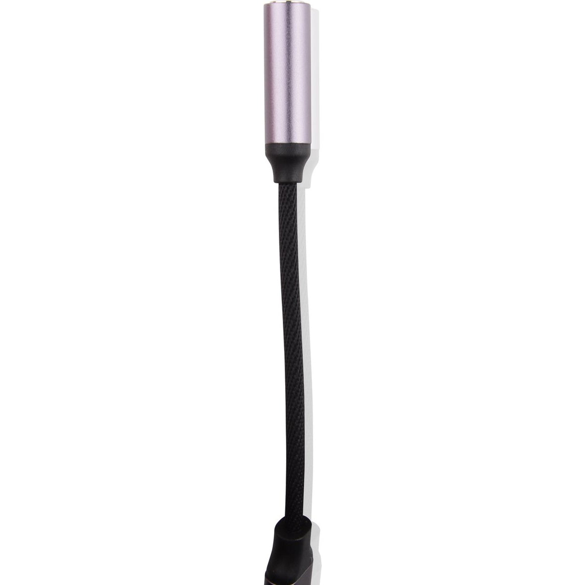 A silver and black audio adapter. It has a silver plug and a black braided cable. The background is white.
