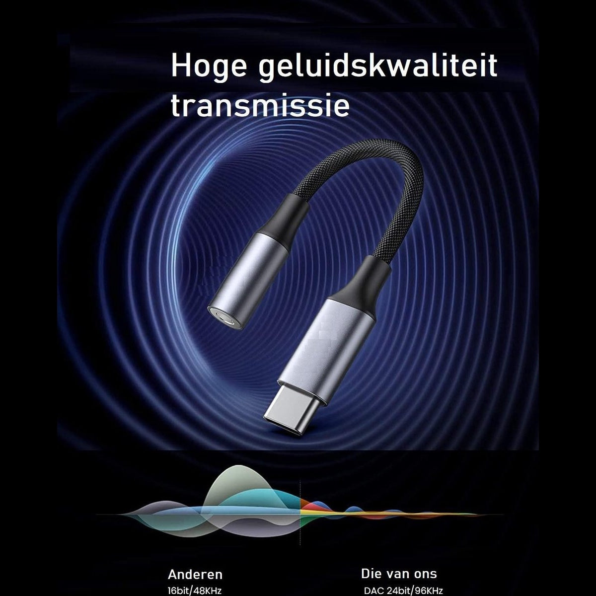 Een zilver-zwarte audio-adapterkabel. Het heeft een USB-C-connector en een 3,5 mm audio-aansluiting. De achtergrond is blauw.