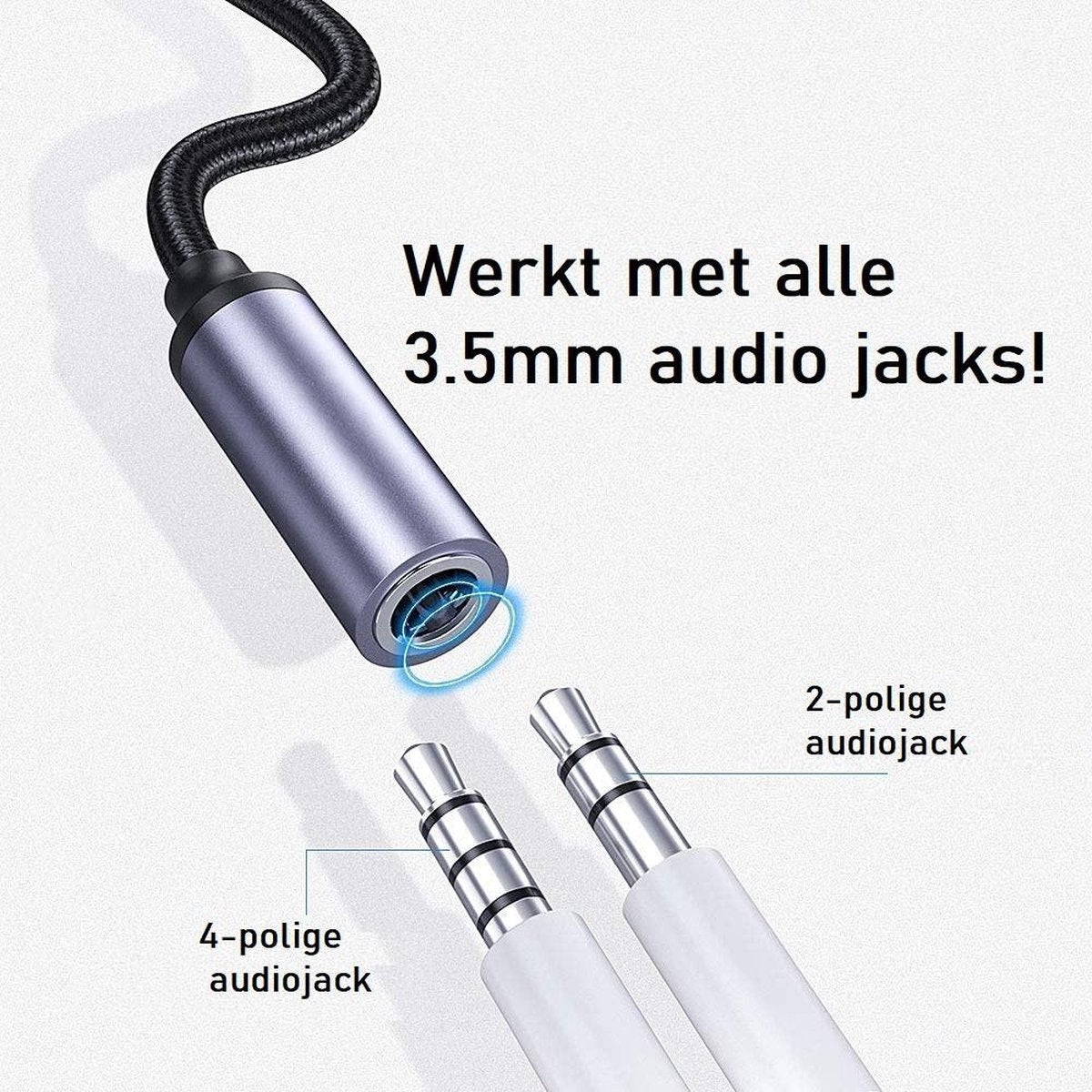 Afbeelding toont een audio-adapterkabel met 3,5 mm-aansluitingen, met labels voor 2-polige en 4-polige audio-aansluitingen. De tekst luidt 'Werkt met alle 3,5 mm audio jacks!'