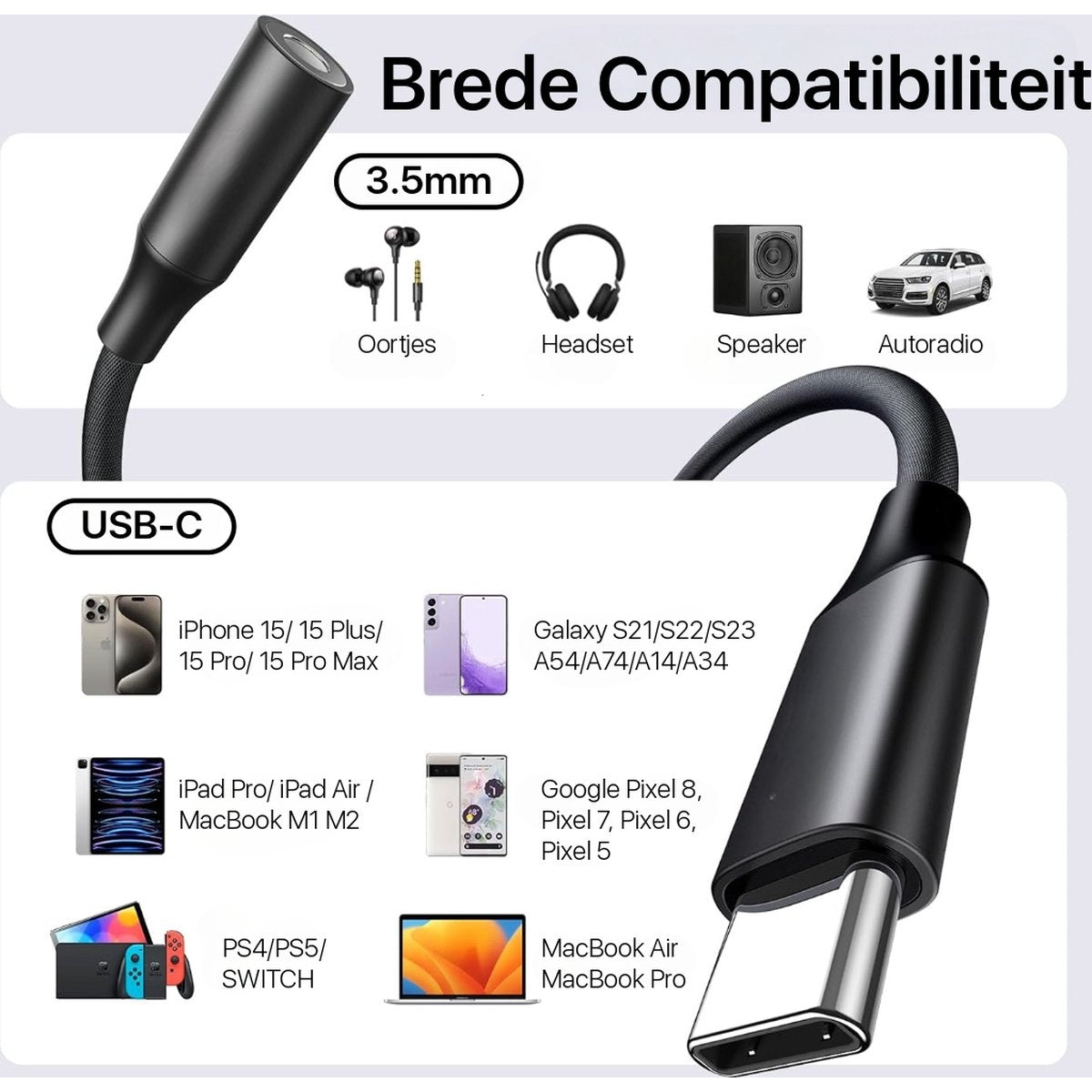 Image shows a USB-C to 3.5mm audio adapter, compatible with various devices like iPhones, Android phones, tablets, and laptops. Includes a car and speaker.