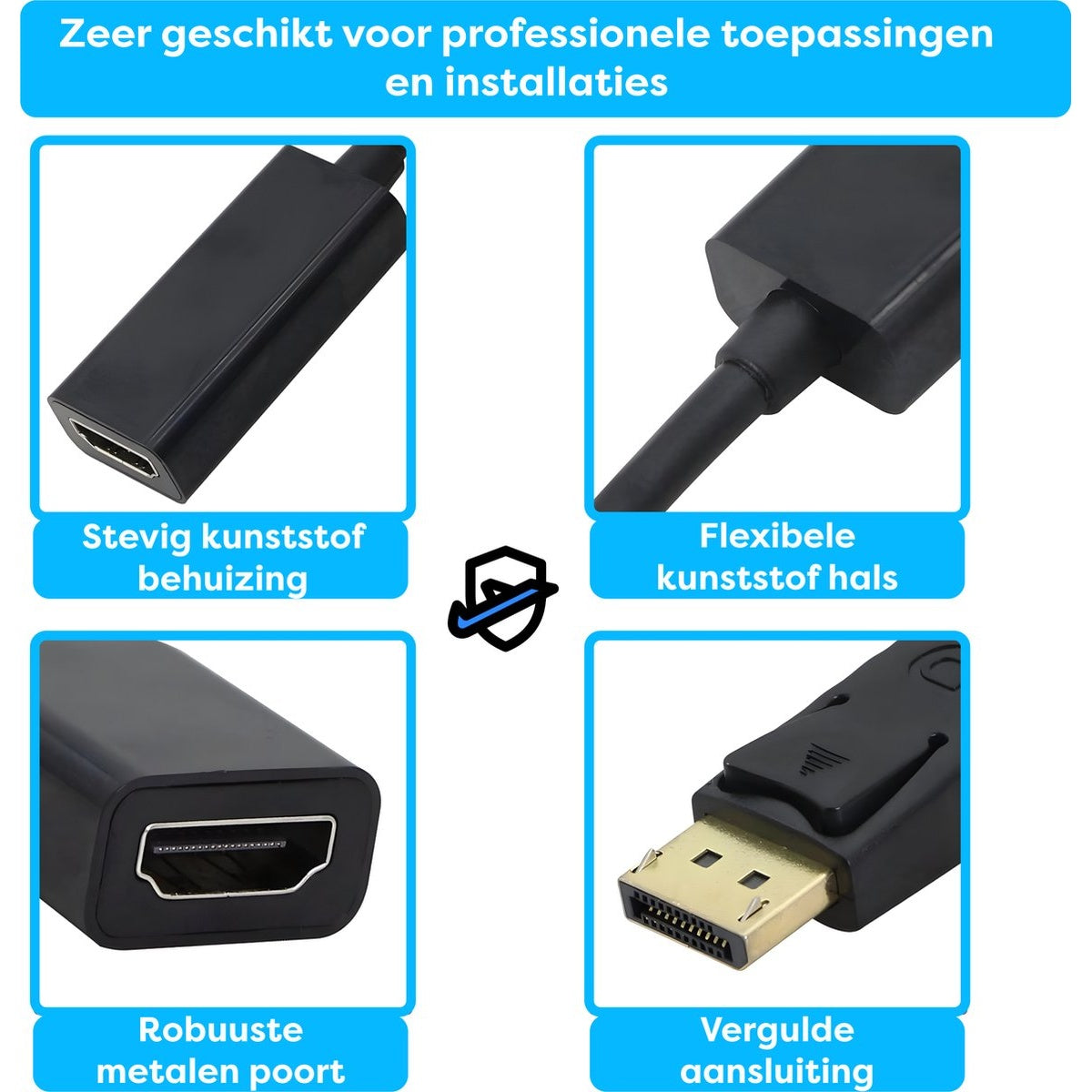 Zwarte adapter met stevige kunststof behuizing, flexibele nek, robuuste metalen poort en vergulde connector, voor professionele toepassingen.