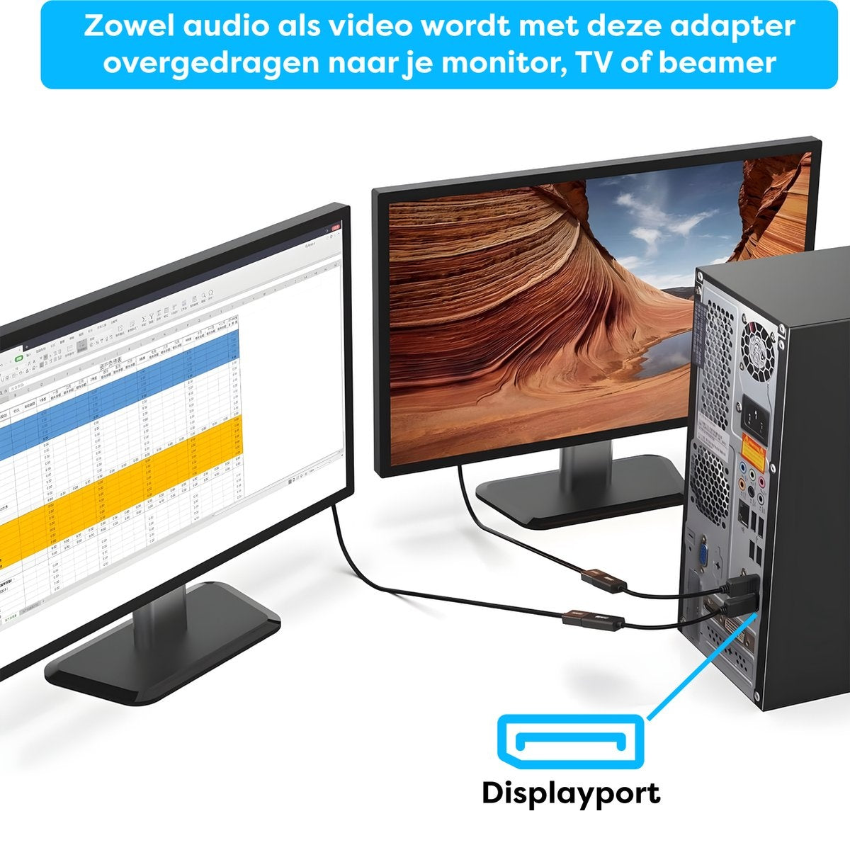 Twee monitoren tonen een spreadsheet en een landschap. Een computerkast is verbonden via Displayport-kabels. Tekst: Displayport.