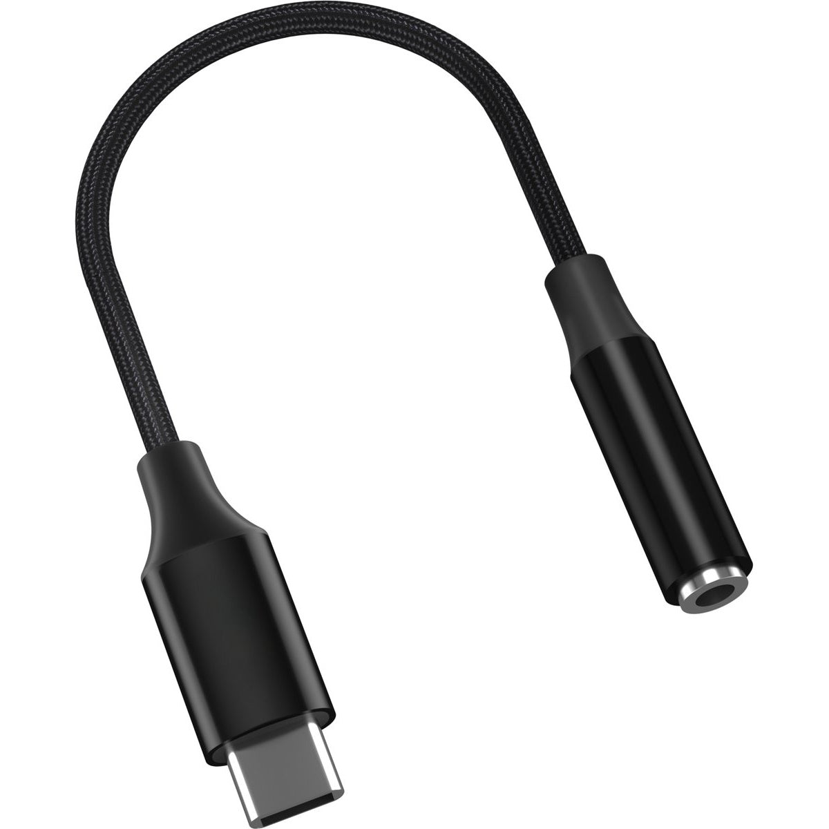A black USB-C to 3.5mm audio adapter cable. The cable has a braided texture and is curved. The connectors are black.