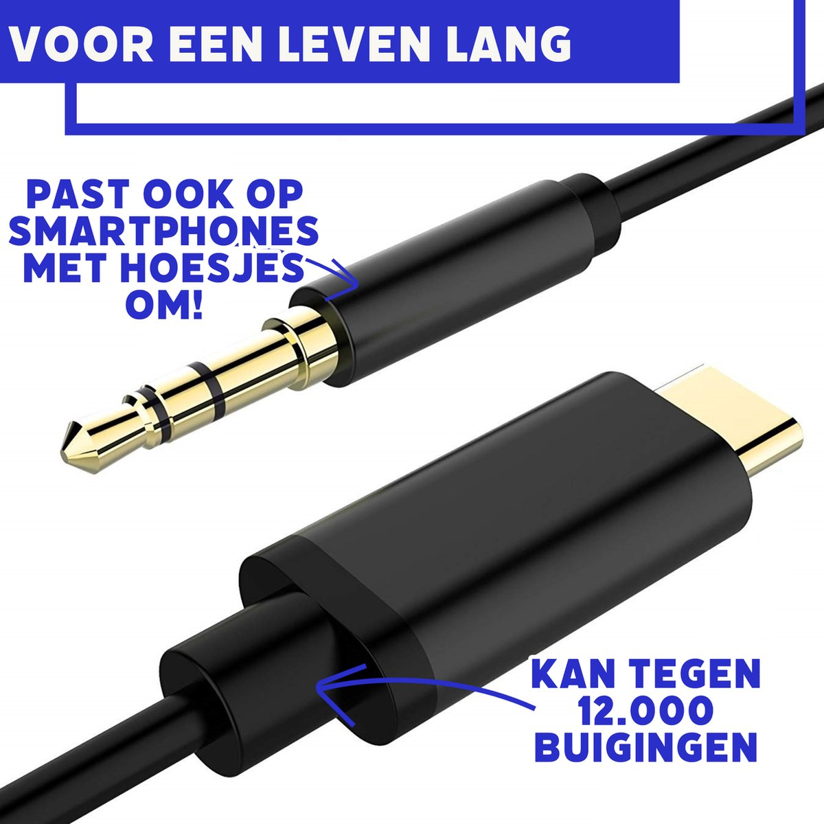 Afbeelding toont twee zwarte kabelconnectoren. Eén is een 3,5 mm jack, de andere een USB-C. Tekst geeft duurzaamheid en compatibiliteit aan.