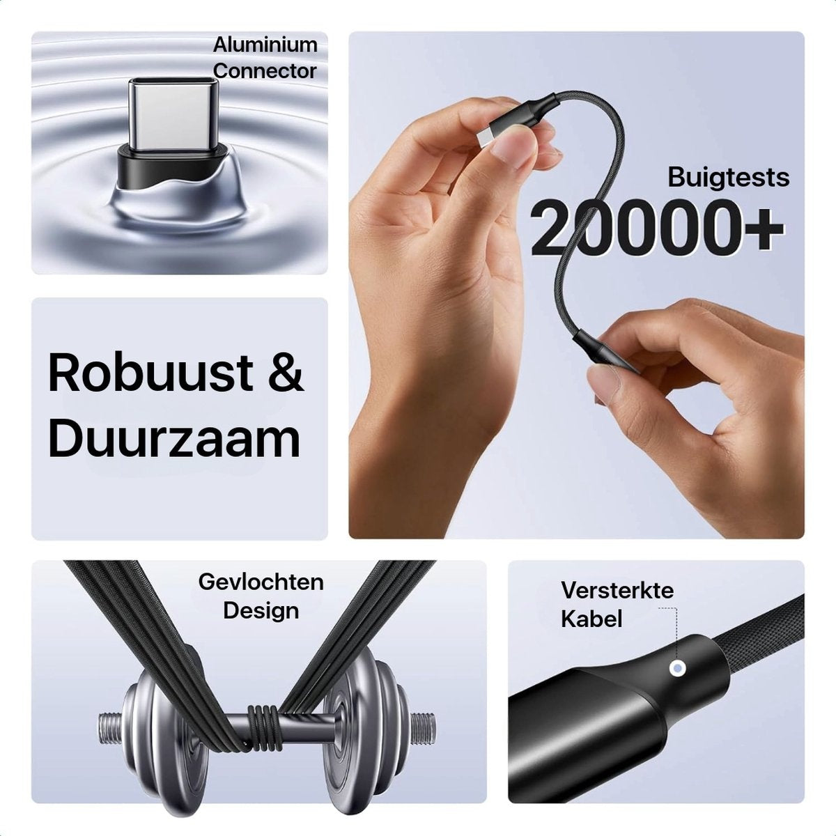 Image shows a charging cable with several details: aluminum connector, hand holding cable, woven design, and reinforced cable.