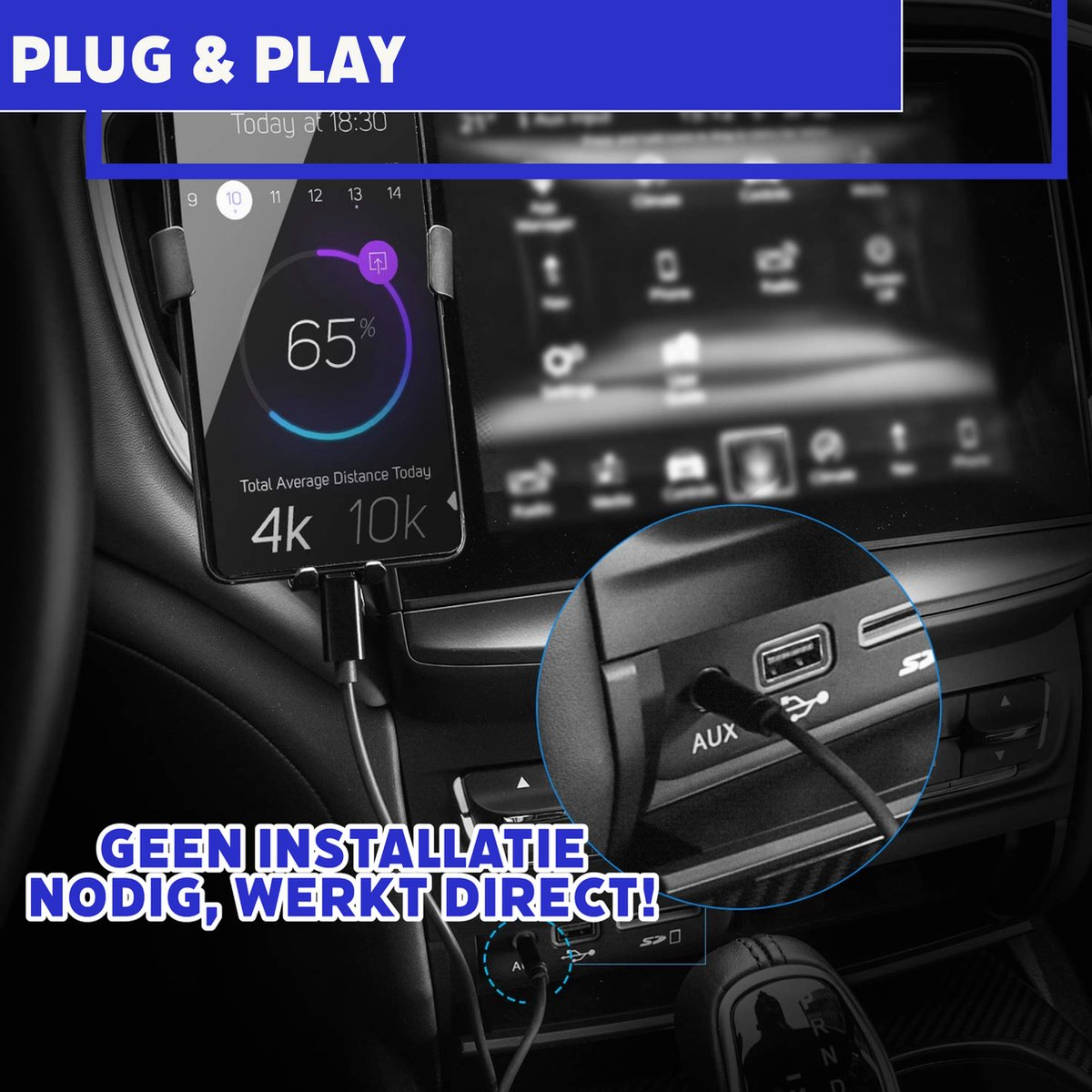 Een smartphone met rijstatistieken is in een auto gemonteerd. De afbeelding toont een USB-aansluiting en de console van de auto.