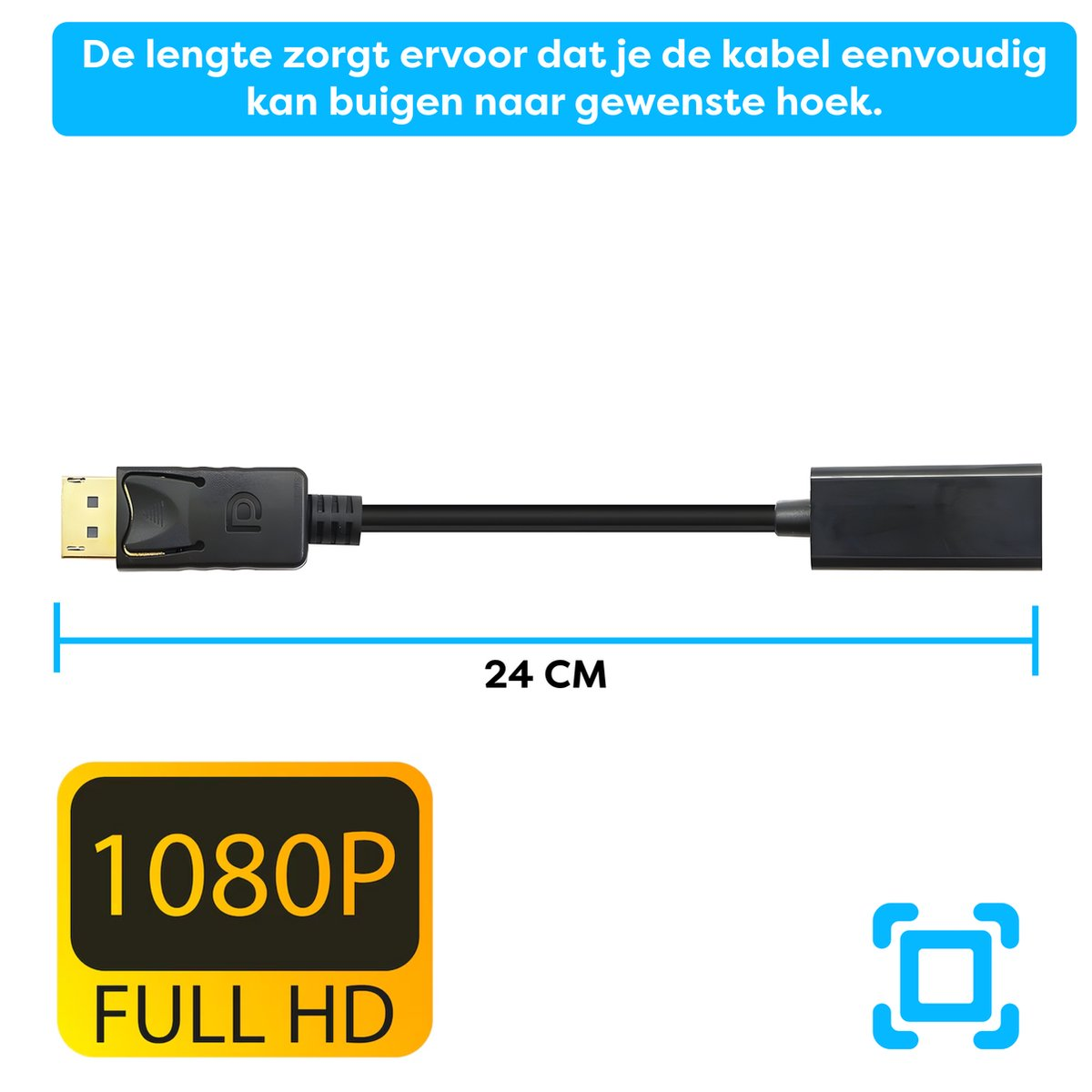 Een zwarte kabel met connectoren aan beide uiteinden, met het label 1080P FULL HD. Tekst erboven zegt: 'De lengte maakt buigen van de kabel gemakkelijk'.